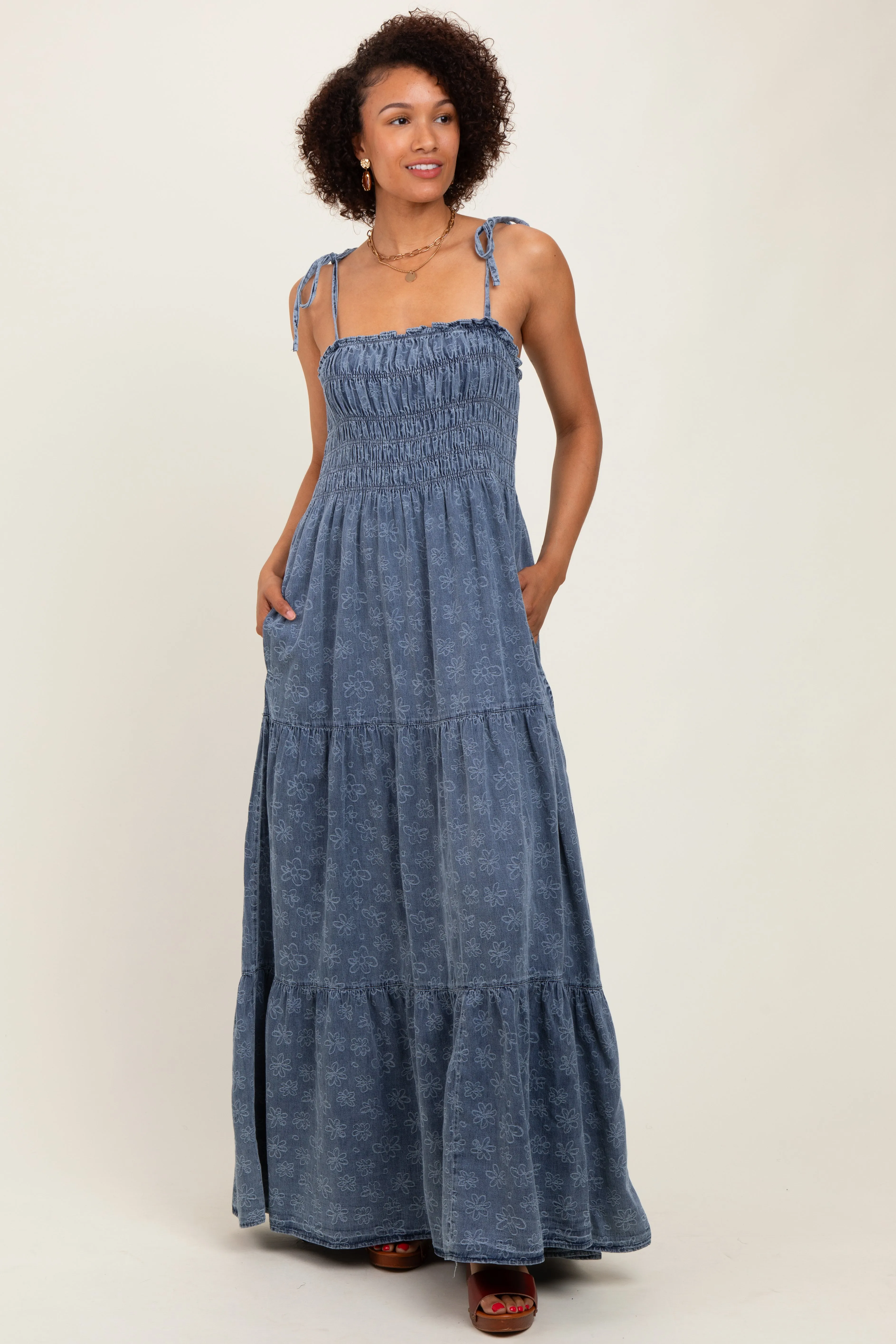 Navy Floral Denim Smocked Tiered Maxi Dress sold by Pinkblush