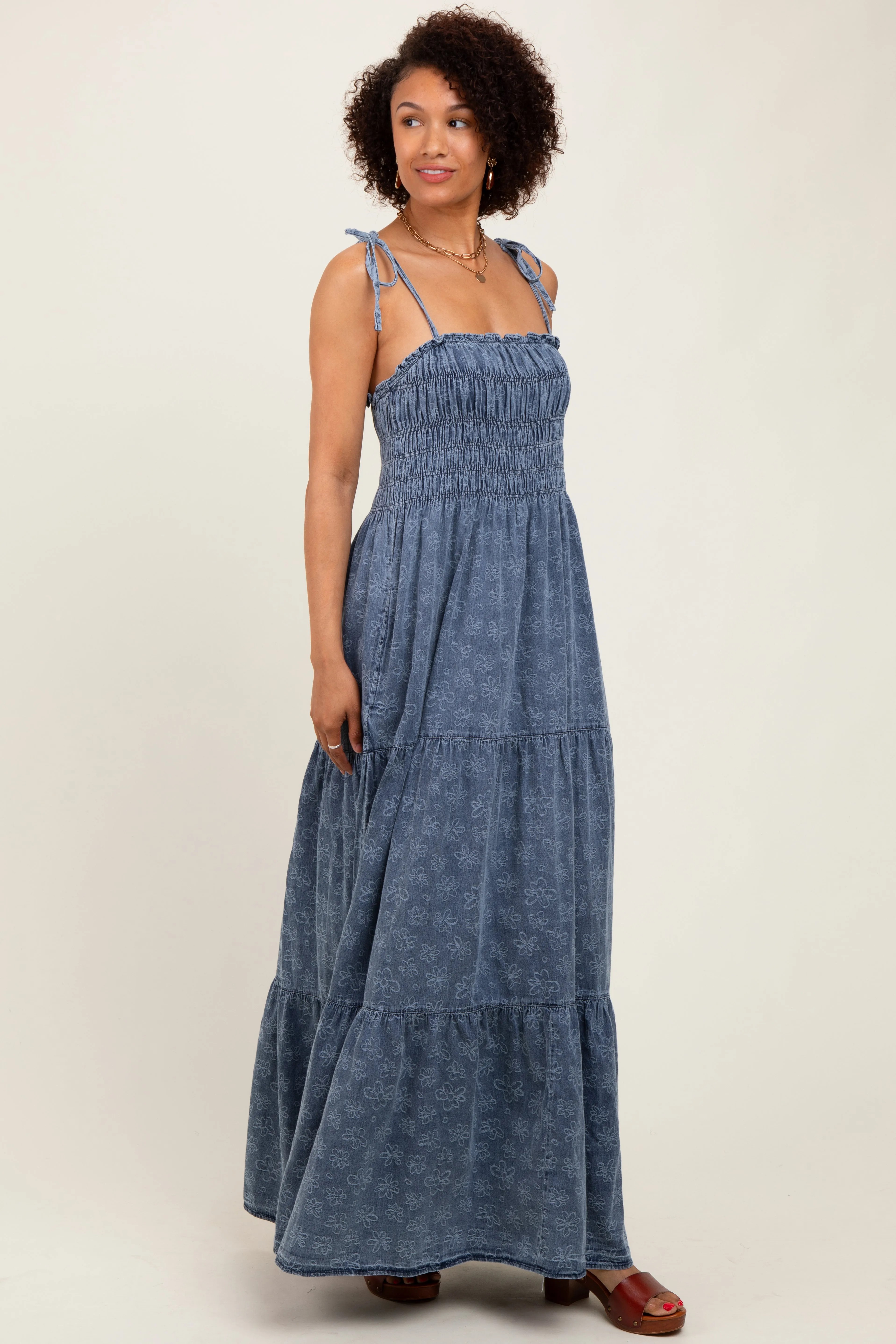 Navy Floral Denim Smocked Tiered Maxi Dress sold by Pinkblush product image thumbnail 2