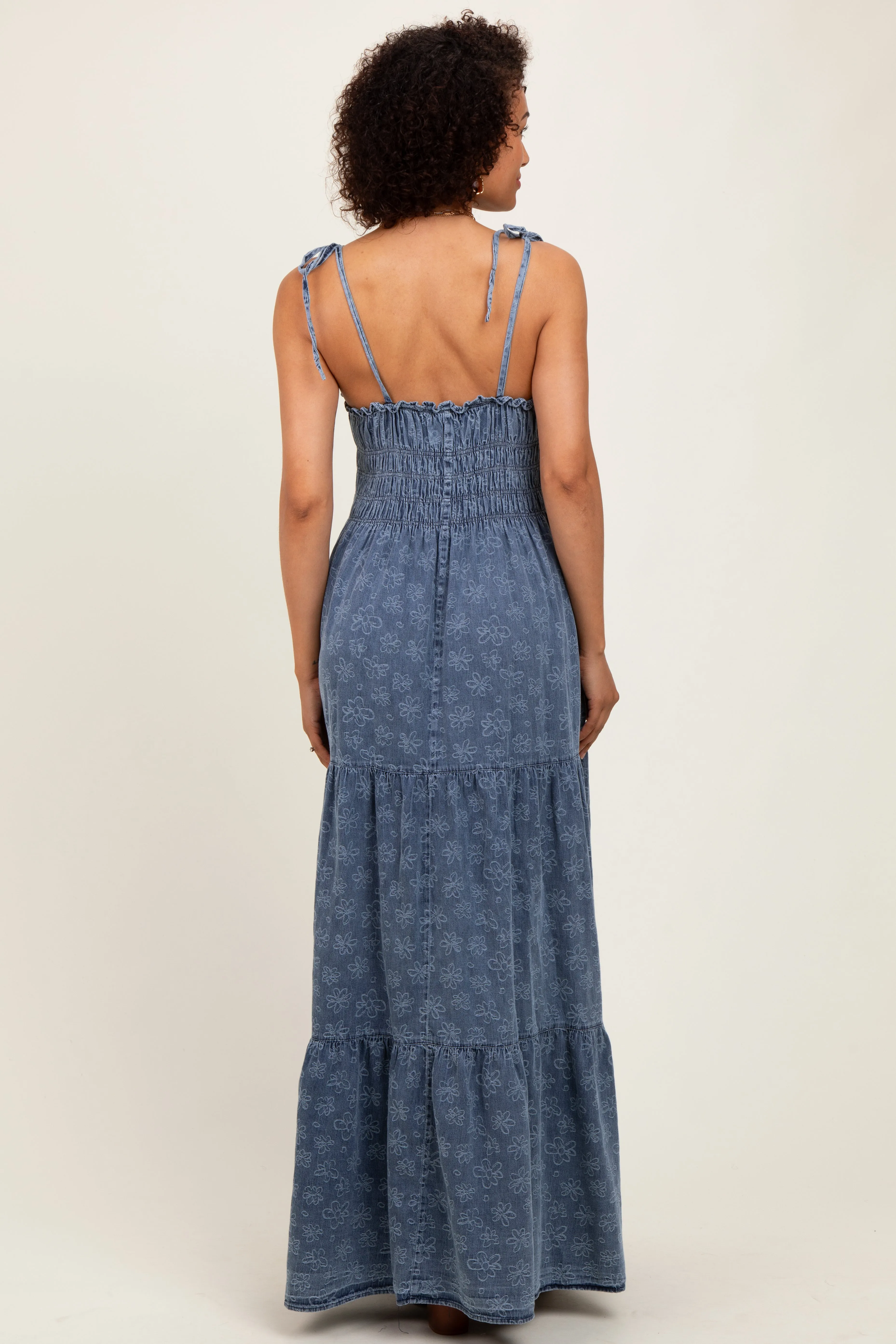 Navy Floral Denim Smocked Tiered Maxi Dress sold by Pinkblush product image thumbnail 3