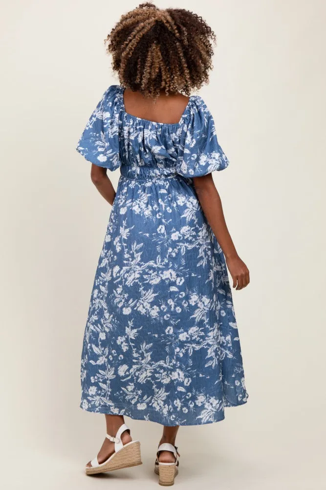 Light Navy Floral Puff Sleeve Smocked Waist Maternity Midi Dress sold by Pinkblush product image thumbnail 3