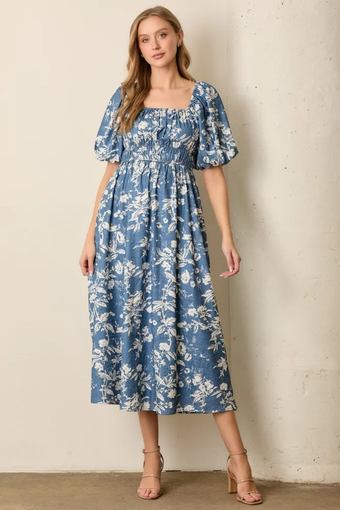 Light Navy Floral Puff Sleeve Smocked Waist Maternity Midi Dress sold by Pinkblush product image thumbnail 4