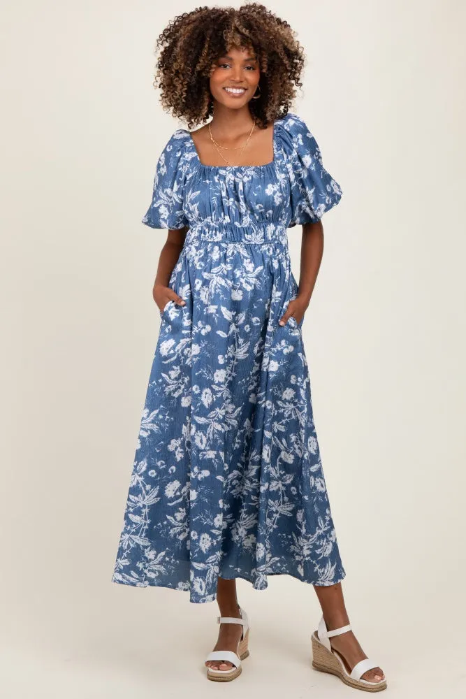Light Navy Floral Puff Sleeve Smocked Waist Maternity Midi Dress sold by Pinkblush