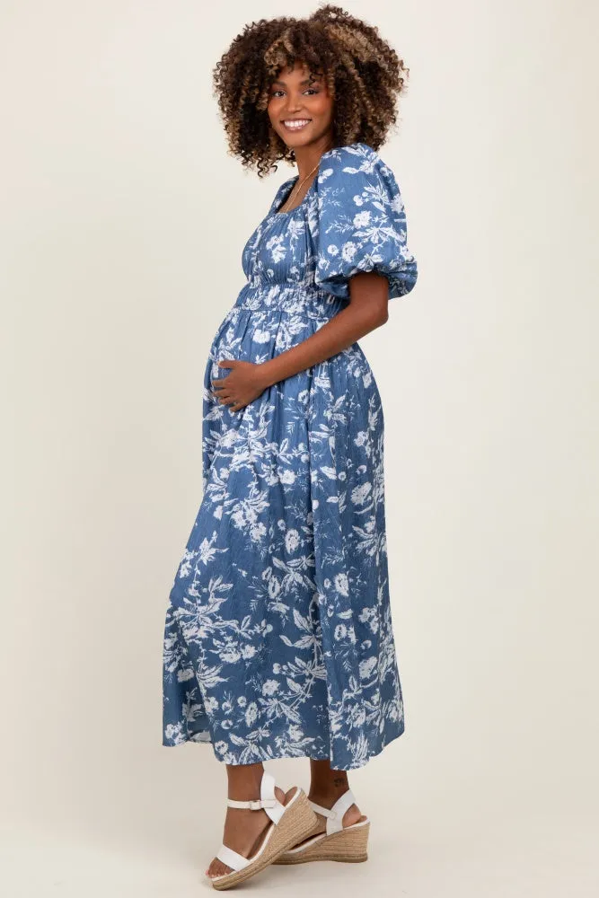 Light Navy Floral Puff Sleeve Smocked Waist Maternity Midi Dress sold by Pinkblush product image thumbnail 2