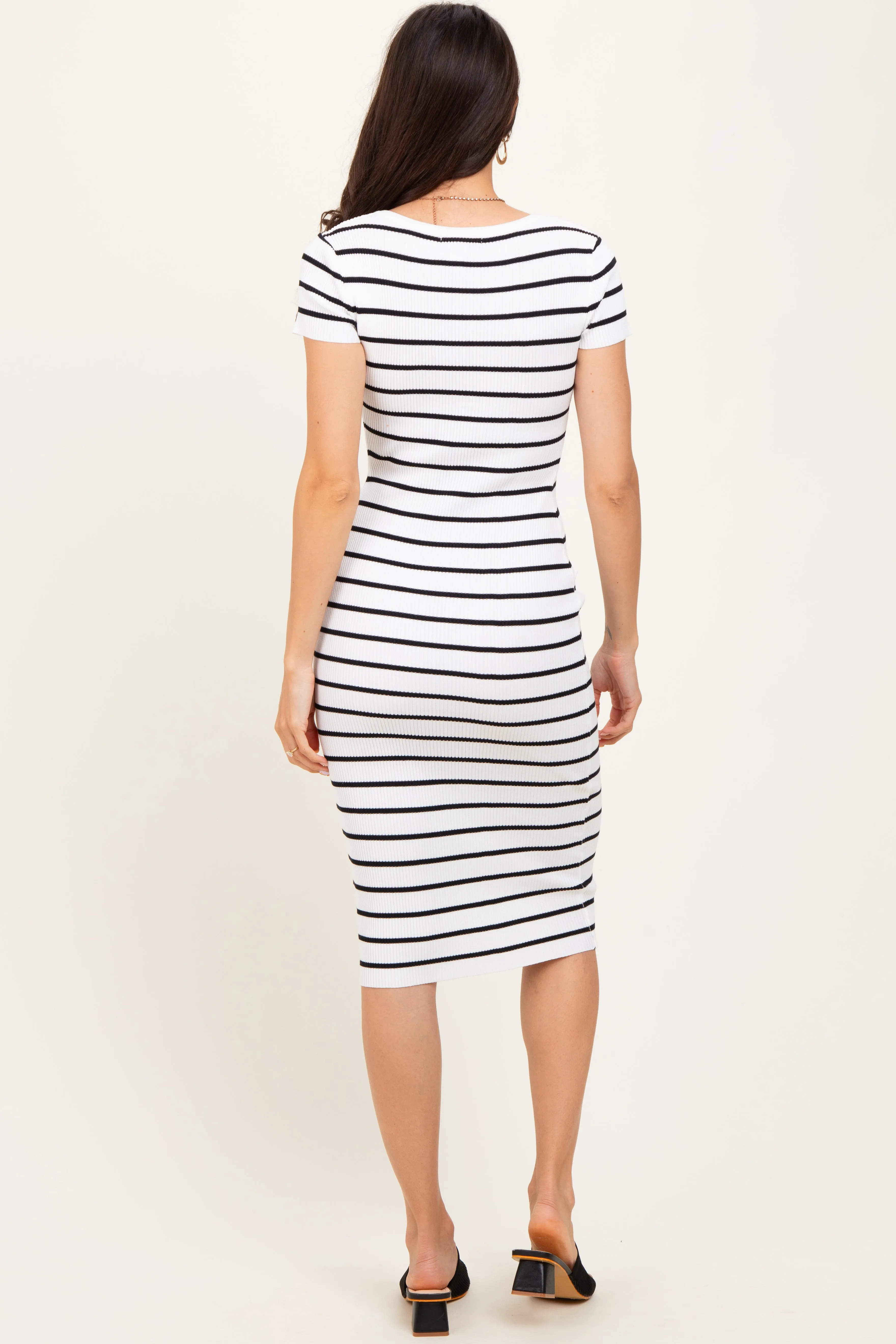 White Striped Ribbed Henley Fitted Midi Dress sold by Pinkblush product image thumbnail 4