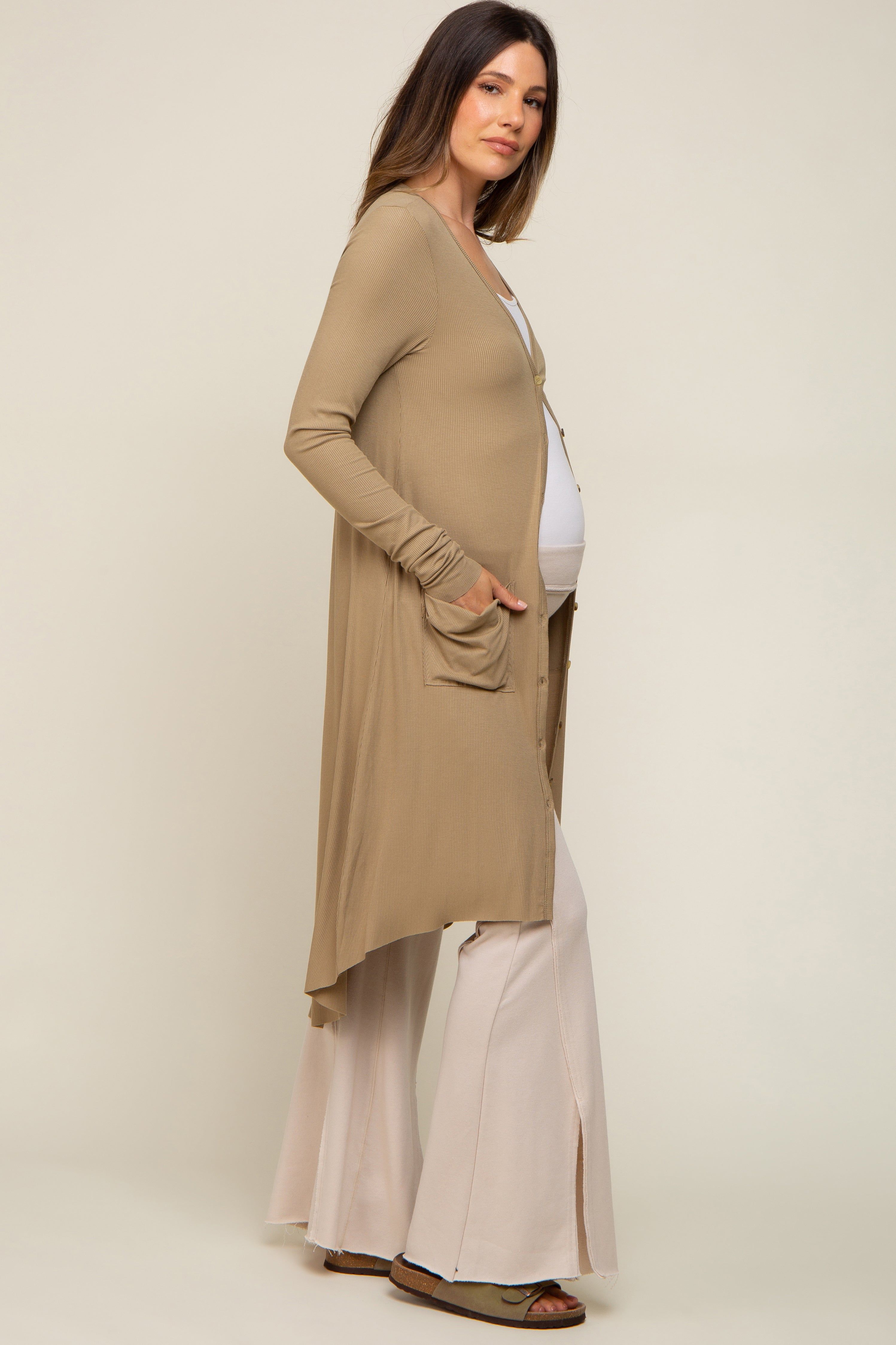 Light Olive Button Front Knit Maternity Cardigan sold by Pinkblush product image thumbnail 3
