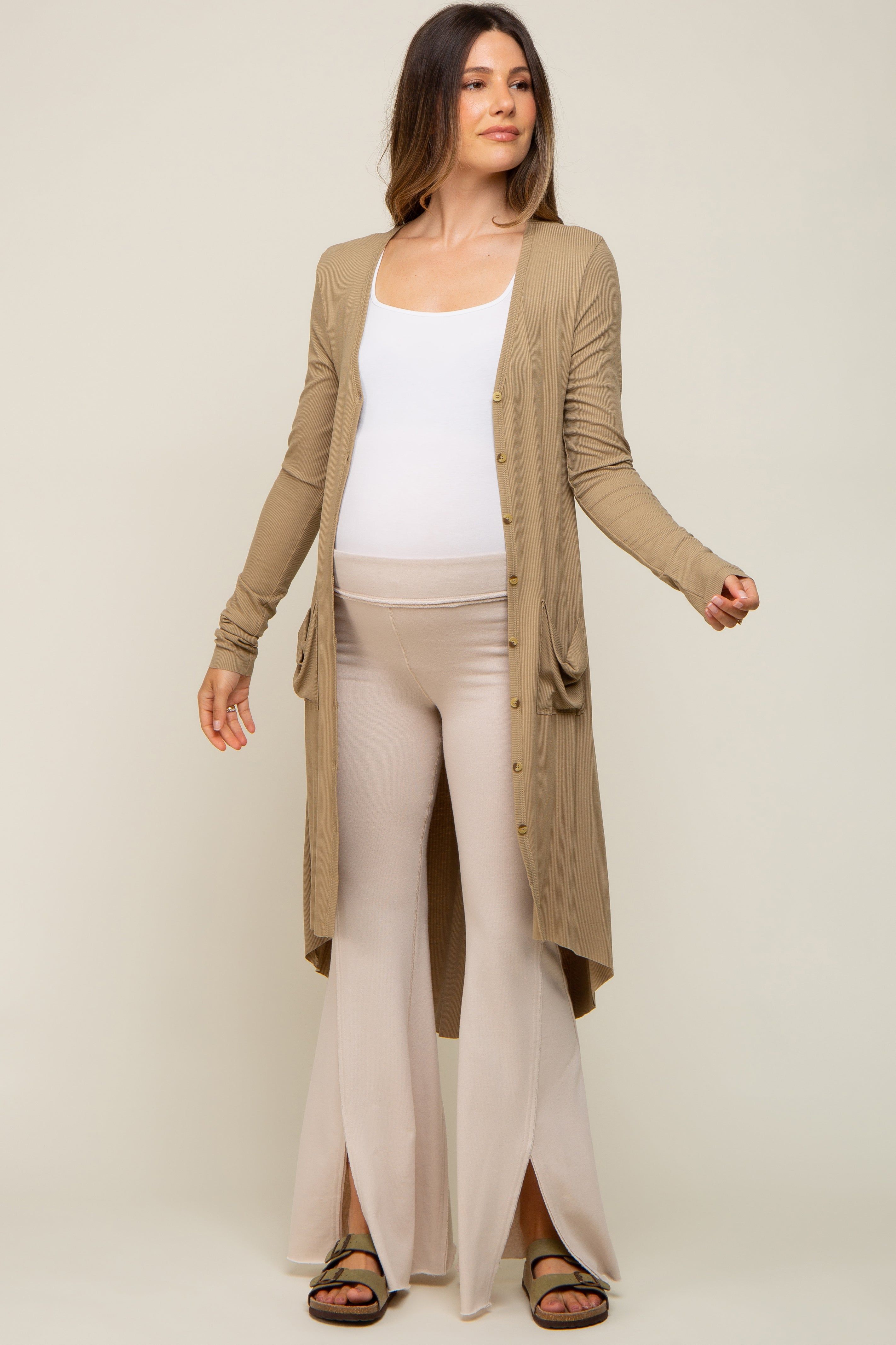 Light Olive Button Front Knit Maternity Cardigan sold by Pinkblush