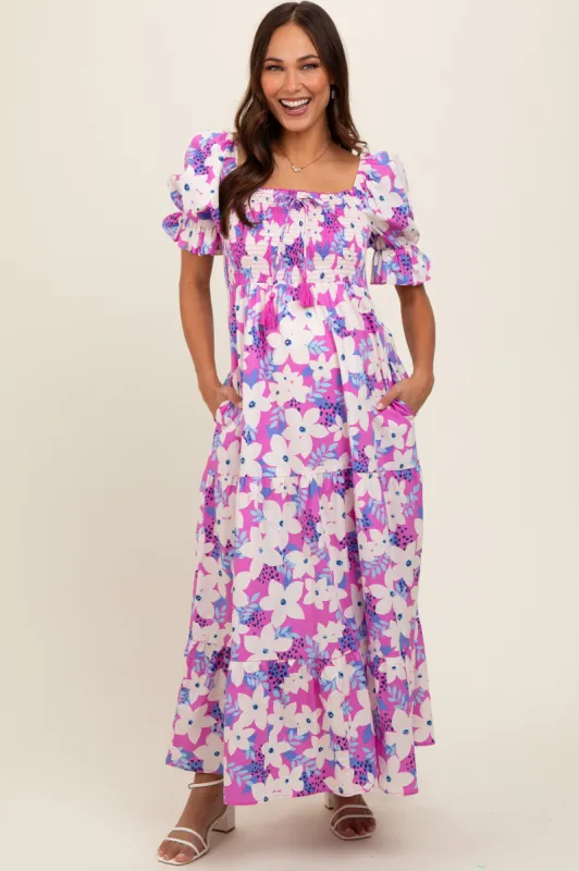 Magenta Floral Puff Sleeve Maternity Maxi Dress made by easel