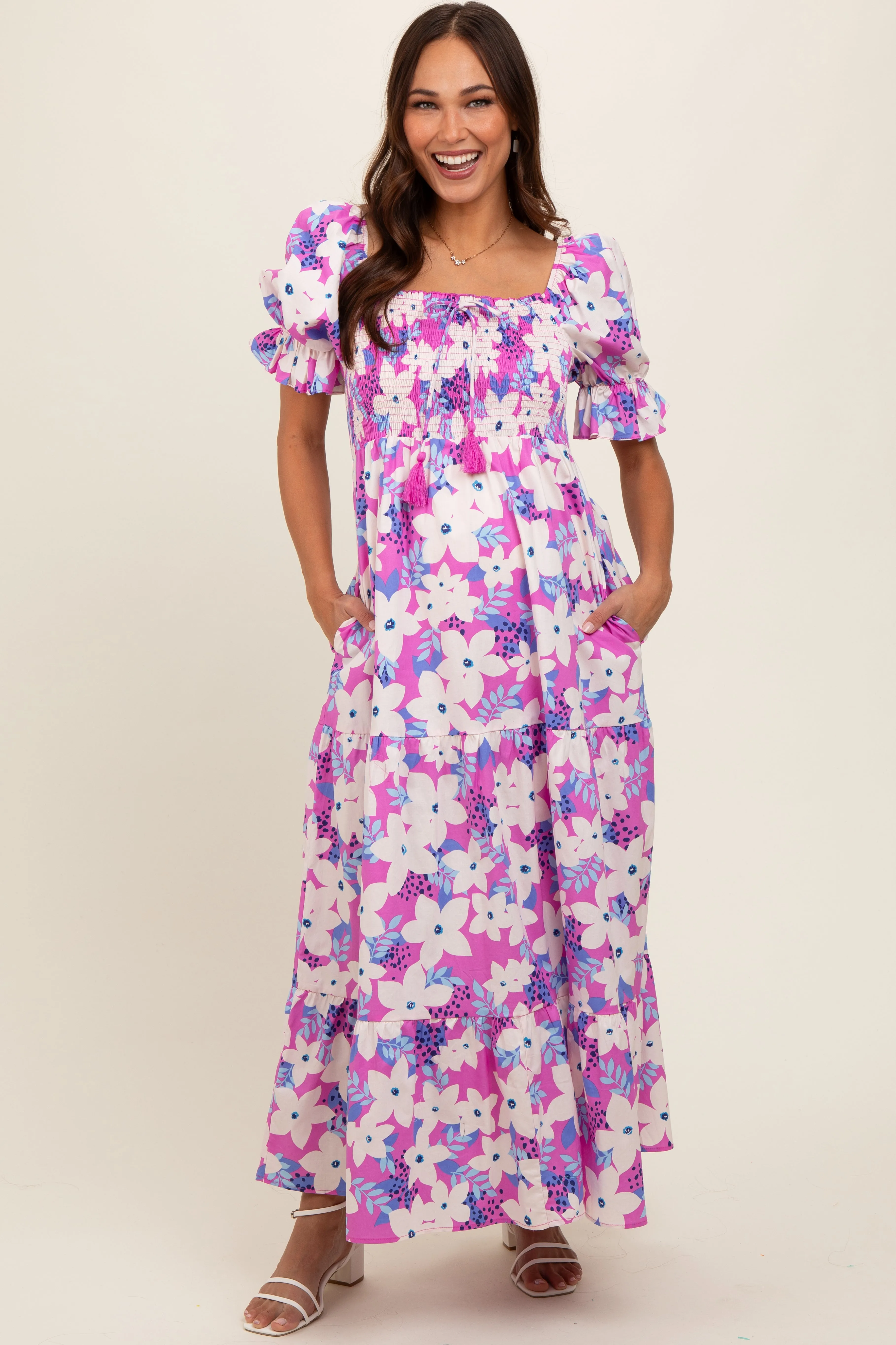 Magenta Floral Puff Sleeve Maternity Maxi Dress sold by Pinkblush