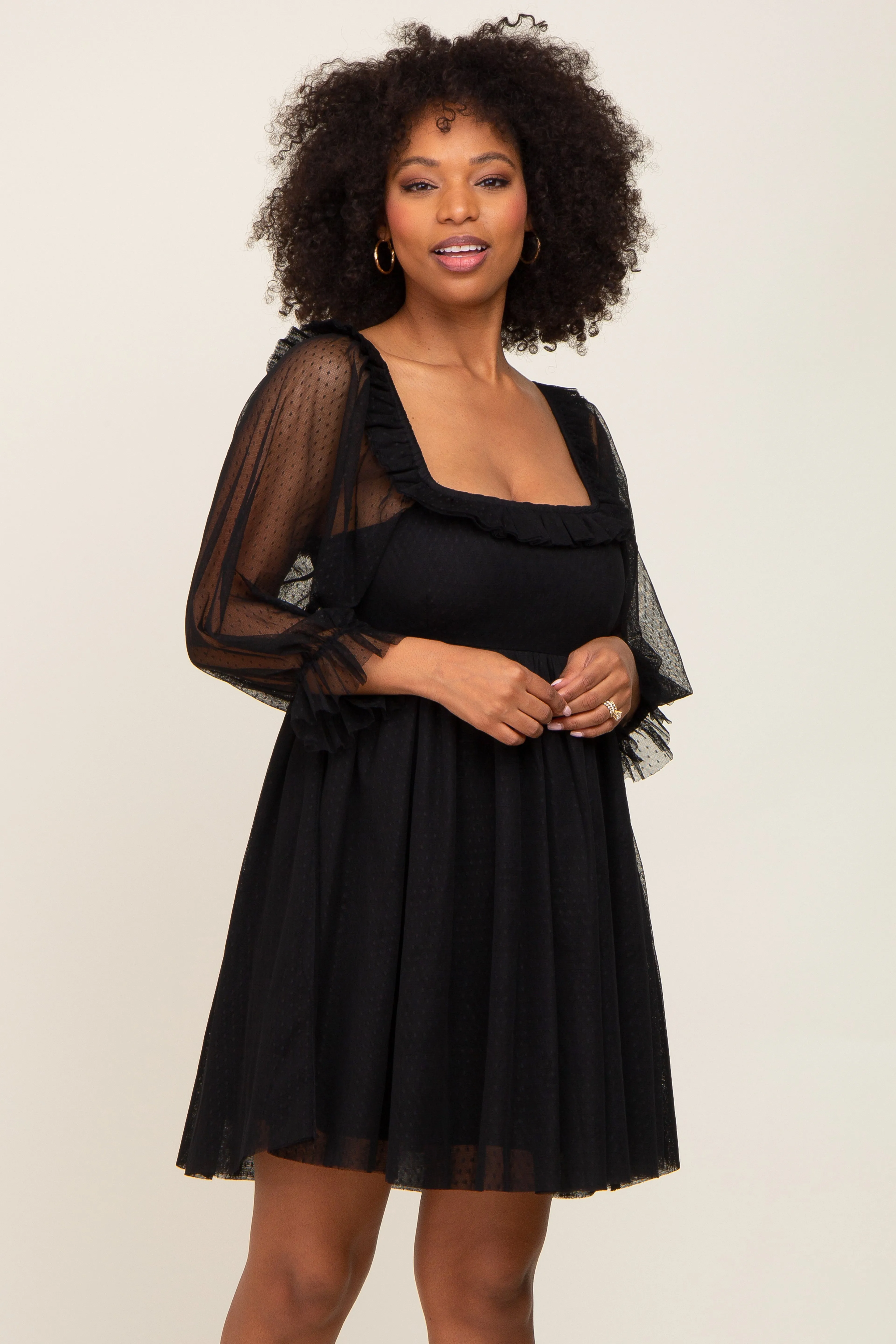 Black Polka Dot Mesh 3/4 Sleeve Dress sold by Pinkblush