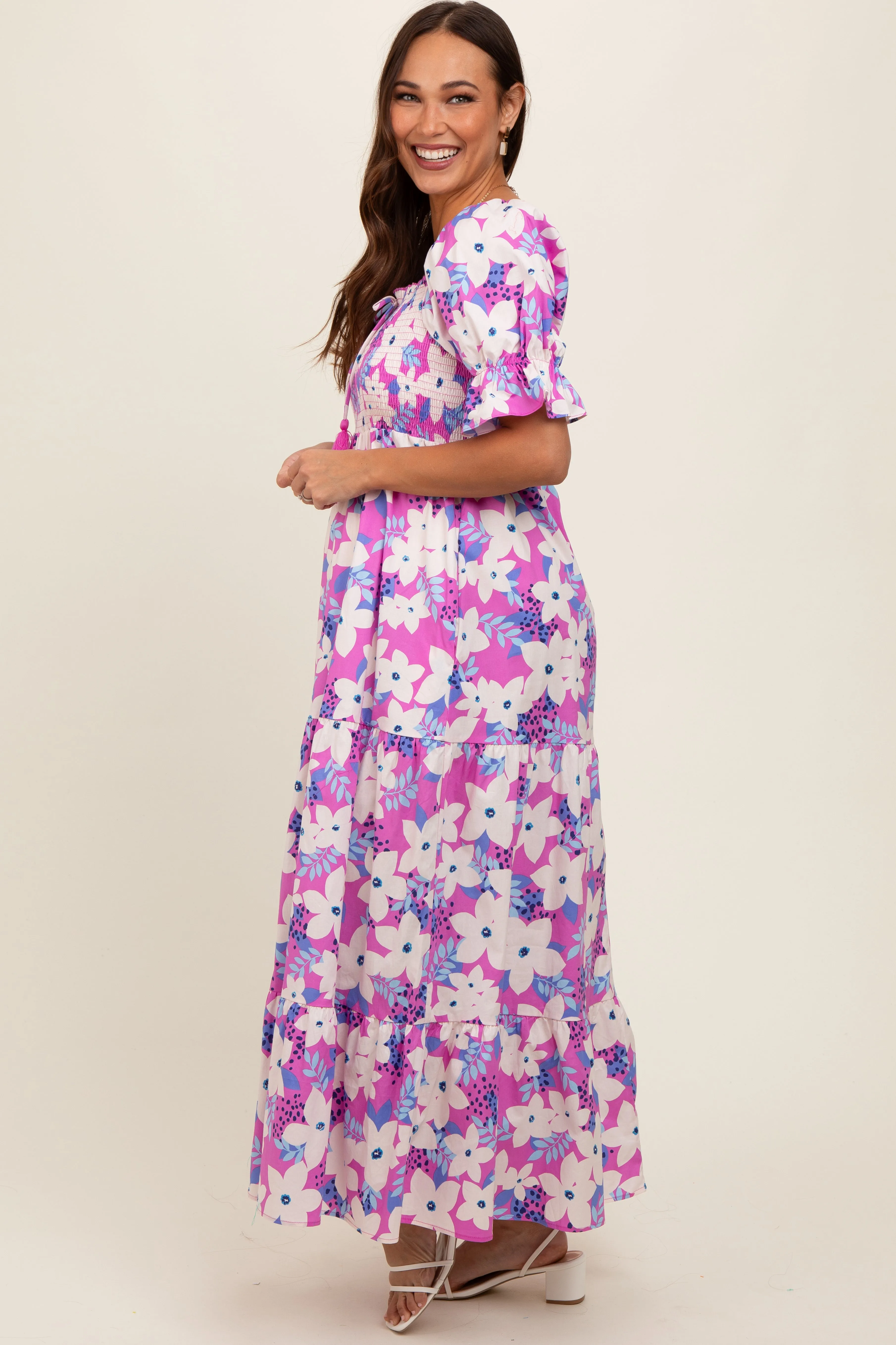 Magenta Floral Puff Sleeve Maternity Maxi Dress sold by Pinkblush product image thumbnail 2