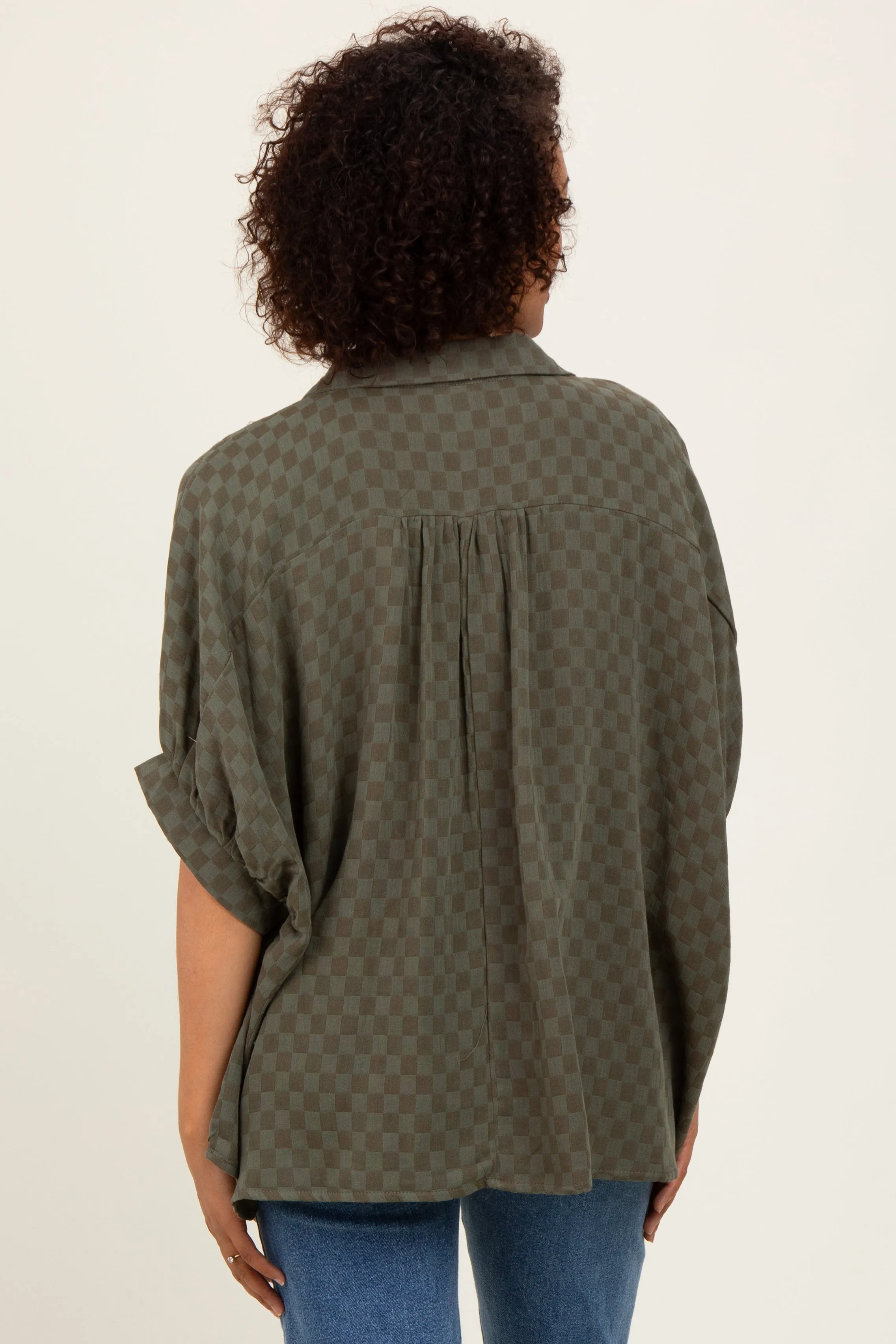 Olive Checker Print Short Sleeve Oversized Blouse sold by Pinkblush product image thumbnail 3