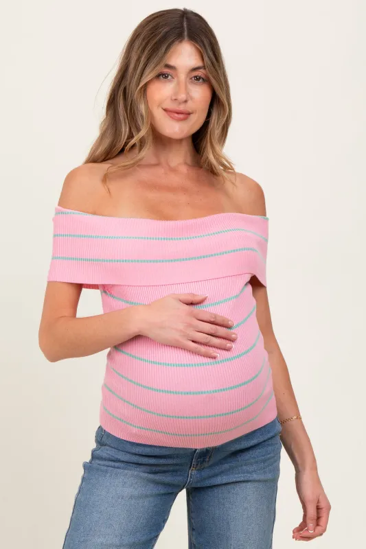Light Pink Striped Off The Shoulder Sweater Maternity Top sold by Pinkblush