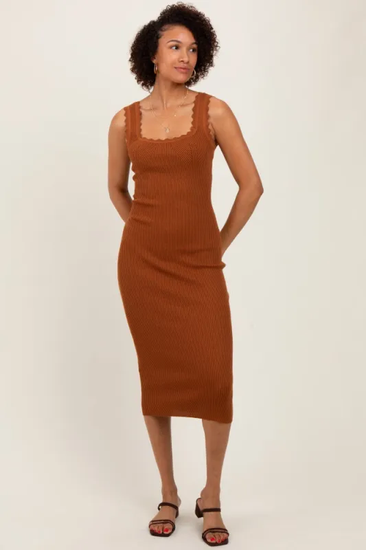 Mocha Scallop Trim Ribbed Knit Sleeveless Midi Dress sold by Pinkblush