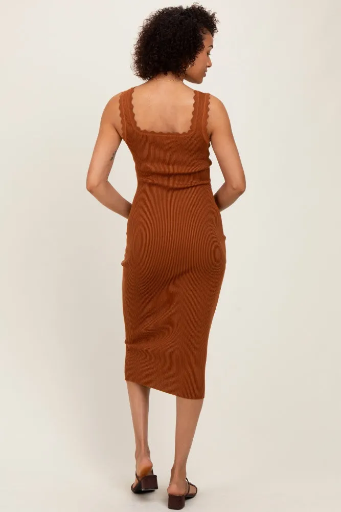 Mocha Scallop Trim Ribbed Knit Sleeveless Midi Dress sold by Pinkblush product image thumbnail 3