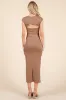Mocha Ribbed Cap Sleeve Cutout Midi Dress sold by Pinkblush