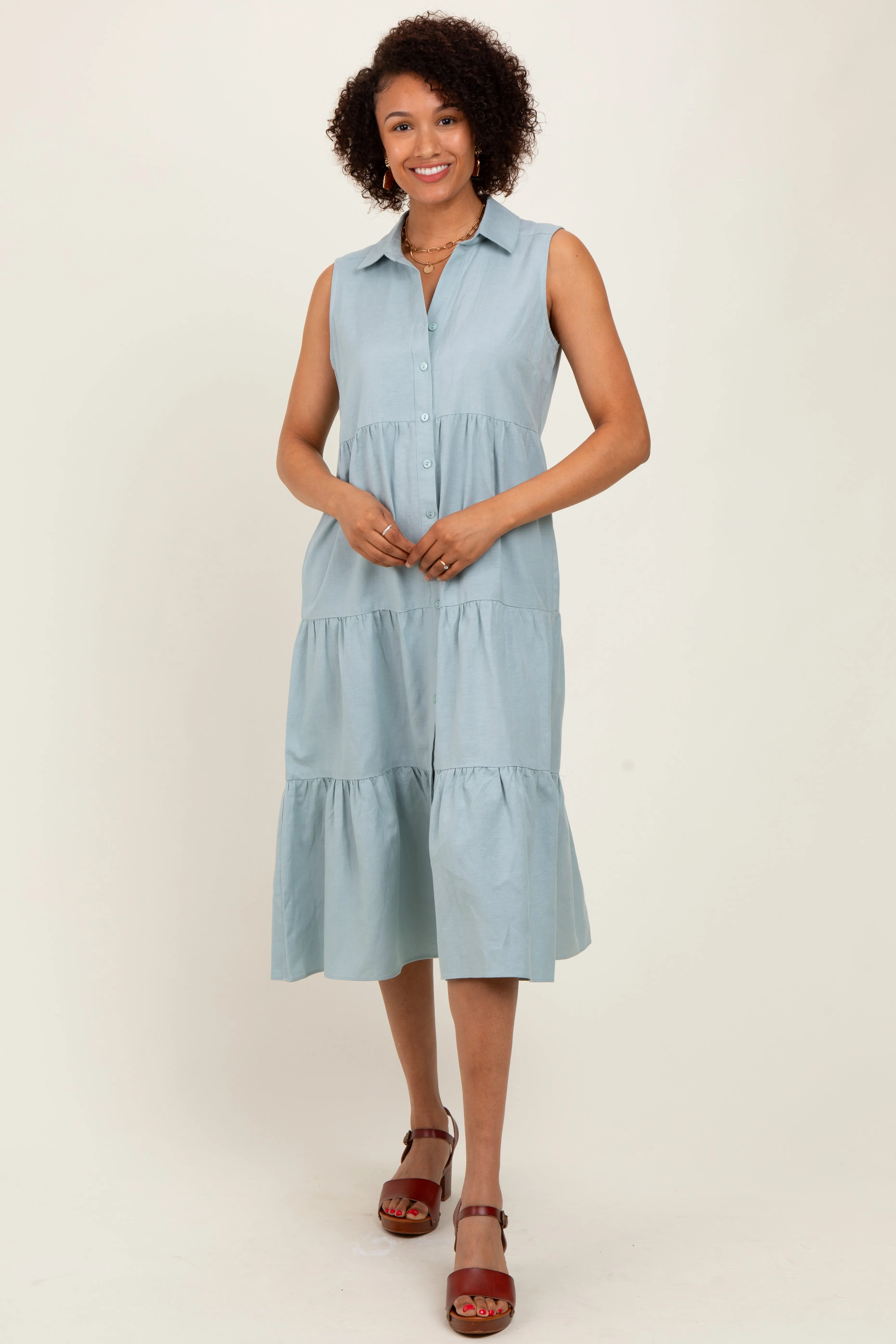 Light Olive Tiered Sleeveless Midi Shirt Dress sold by Pinkblush product image thumbnail 2