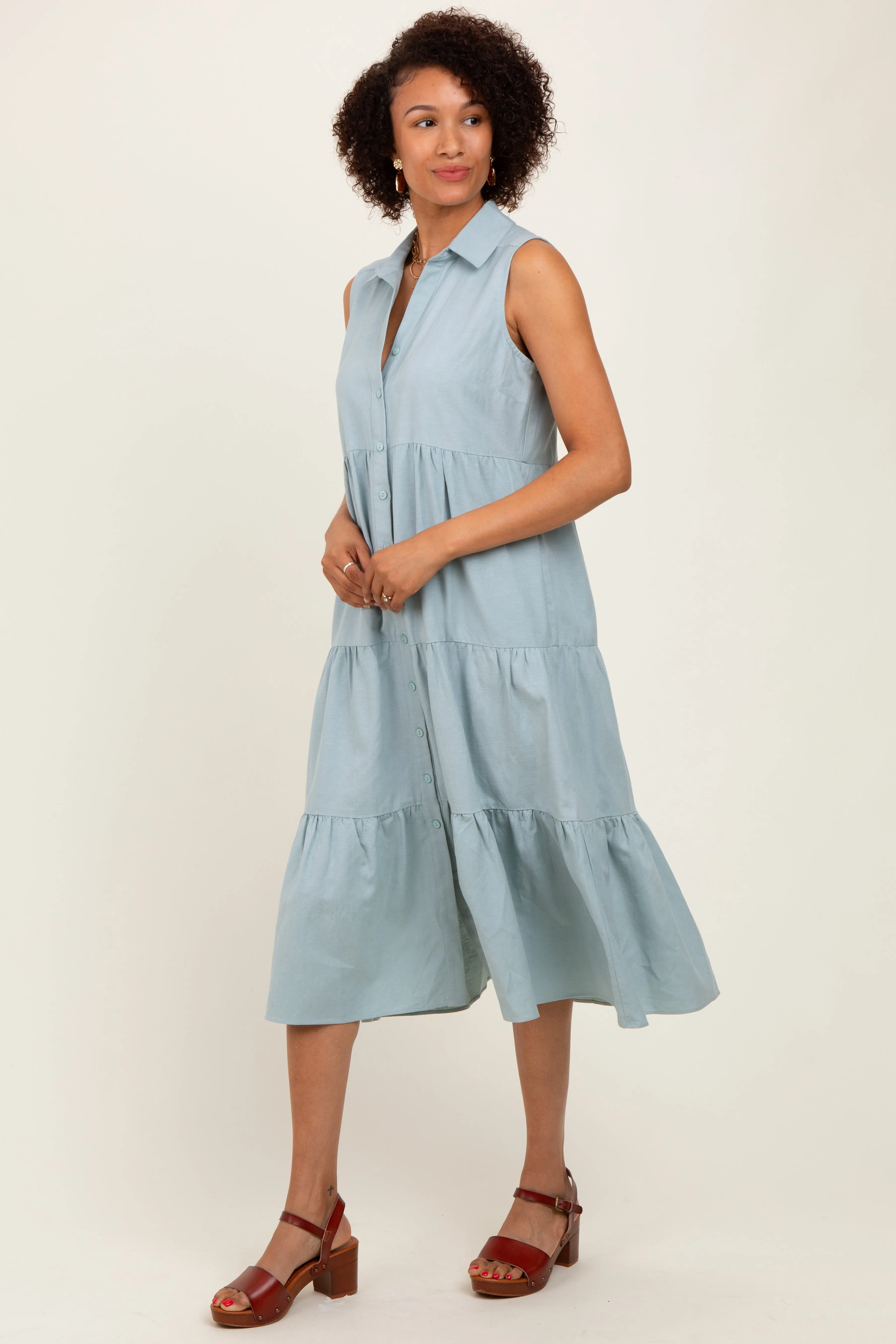 Light Olive Tiered Sleeveless Midi Shirt Dress sold by Pinkblush product image thumbnail 3