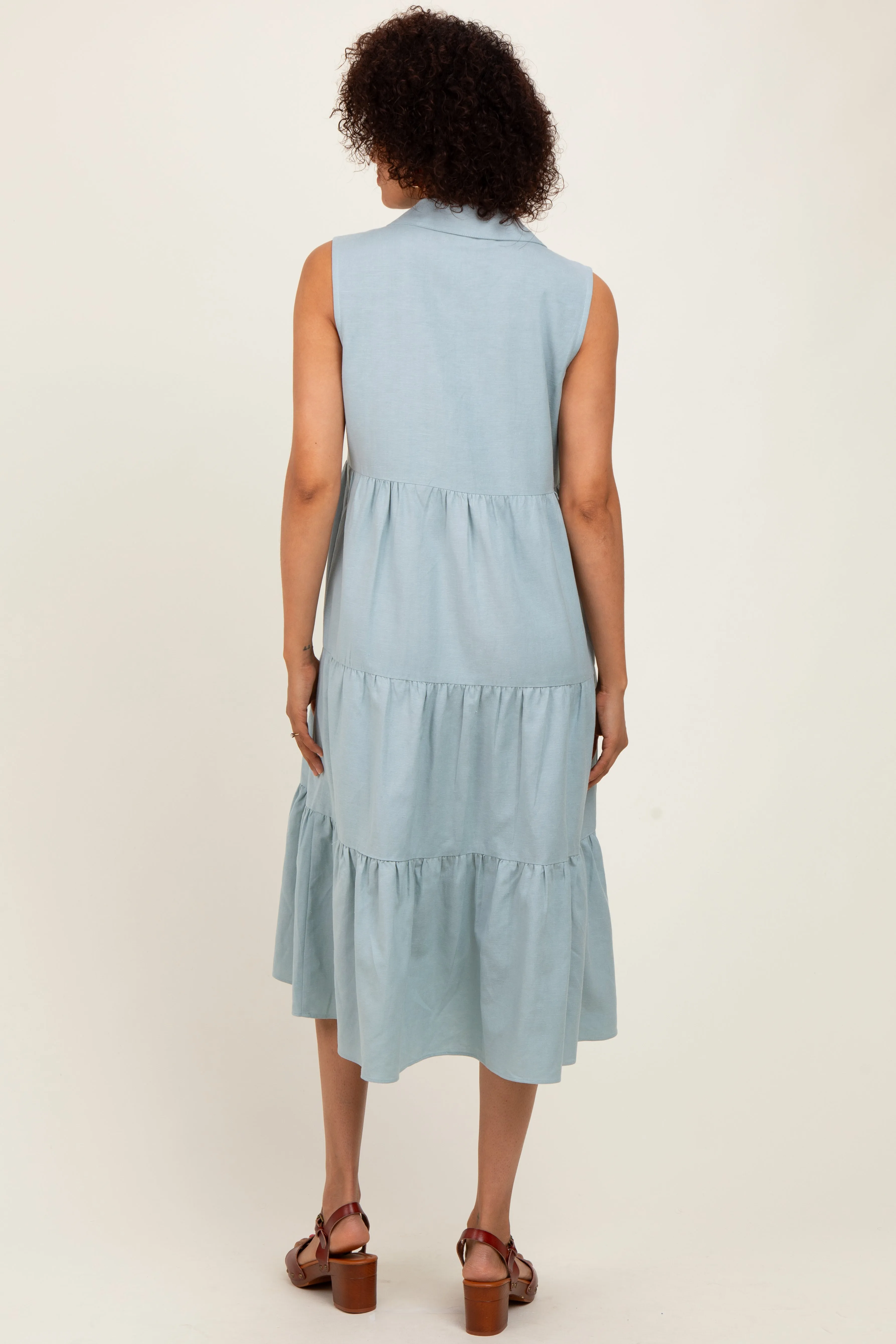 Light Olive Tiered Sleeveless Midi Shirt Dress sold by Pinkblush product image thumbnail 4