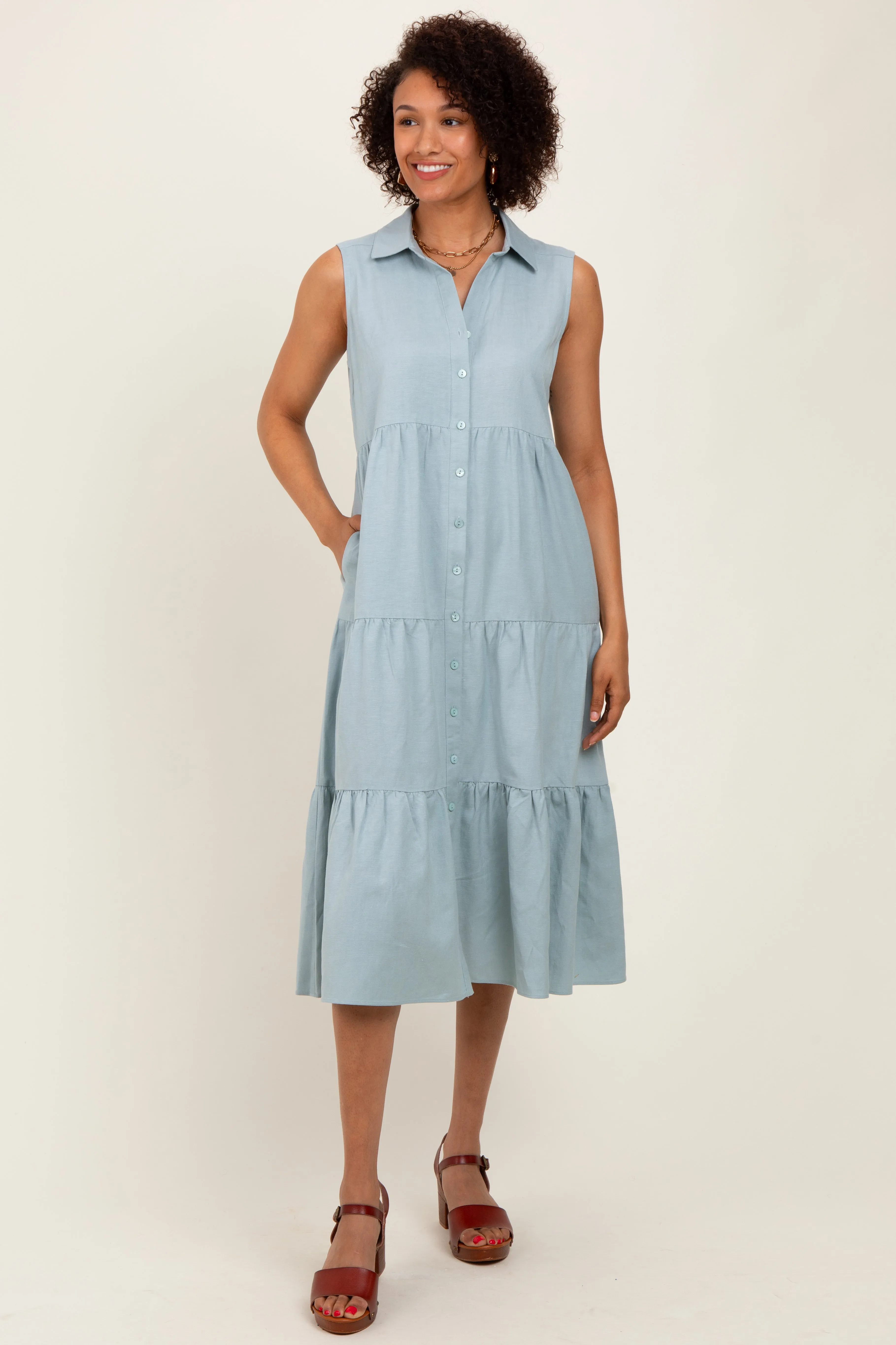 Light Olive Tiered Sleeveless Midi Shirt Dress sold by Pinkblush