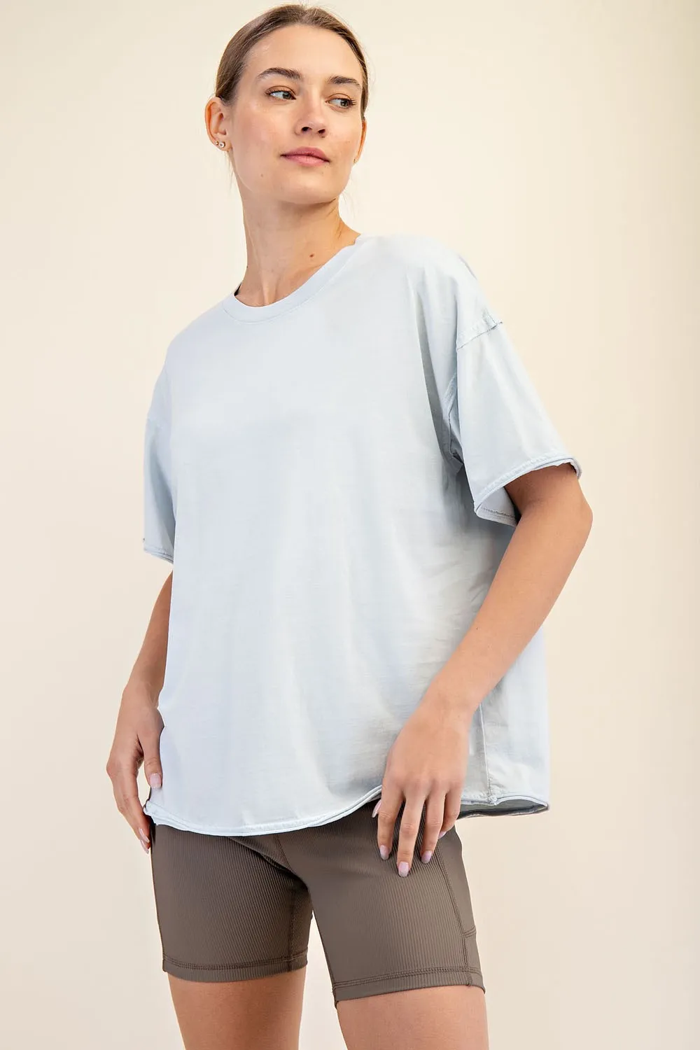 Light Blue Boxy Raw Edge Short Sleeve Tee sold by Pinkblush