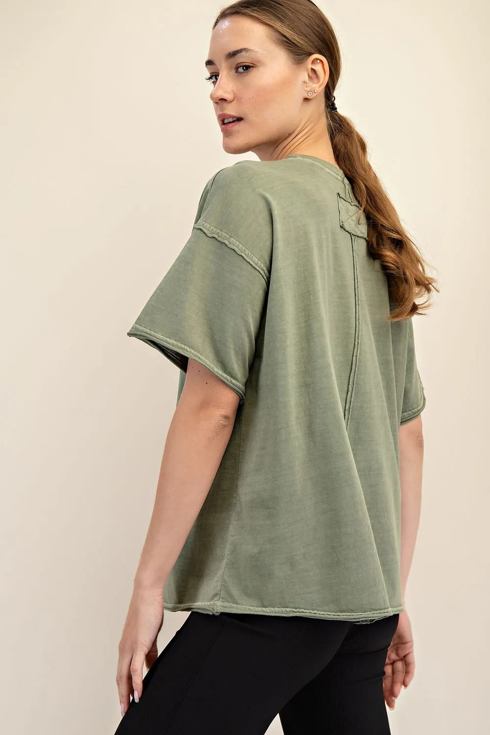 Olive Boxy Raw Edge Short Sleeve Tee sold by Pinkblush product image thumbnail 2