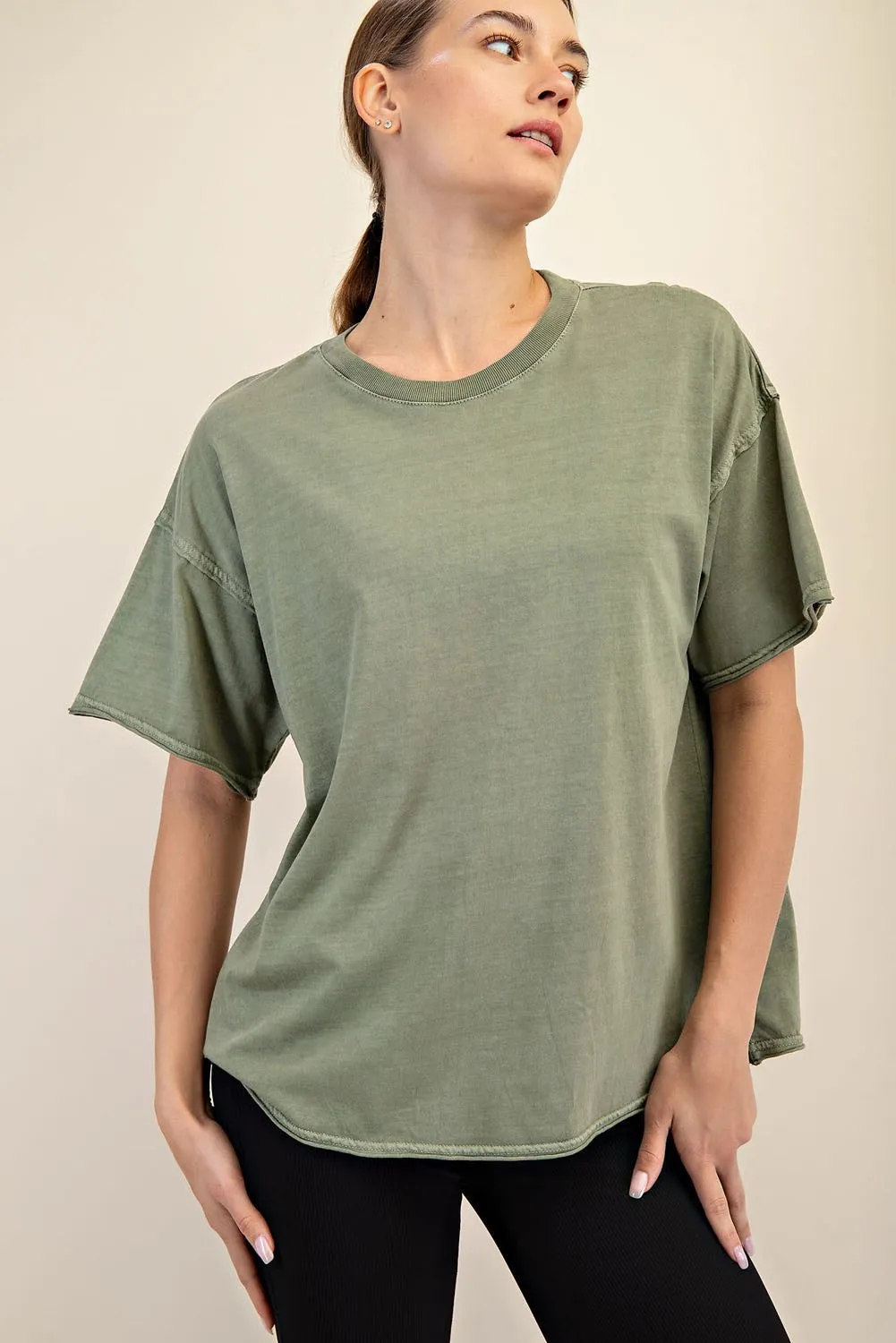 Olive Boxy Raw Edge Short Sleeve Tee sold by Pinkblush