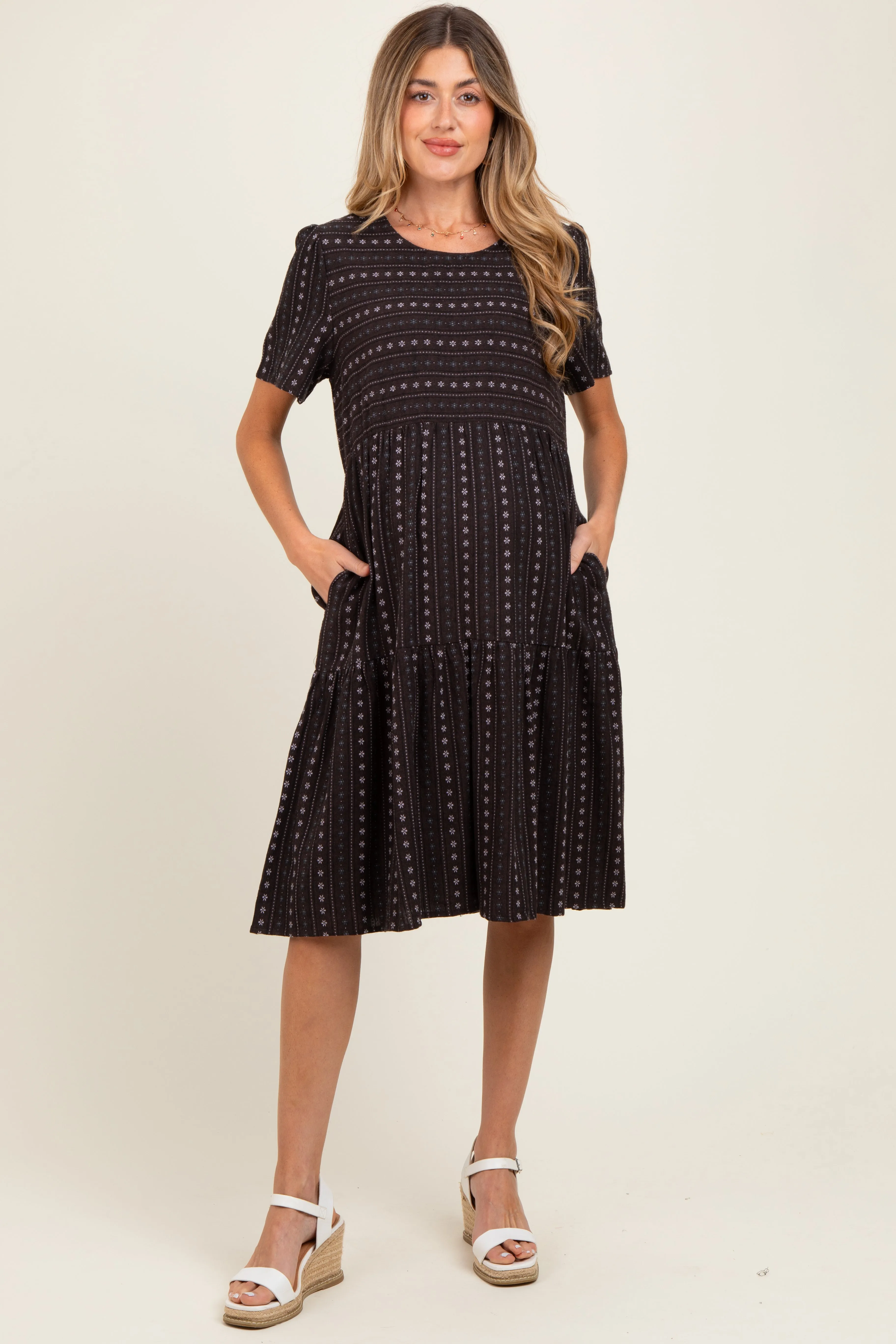 Black Floral Striped Tiered Short Sleeve Maternity Dress sold by Pinkblush product image thumbnail 2