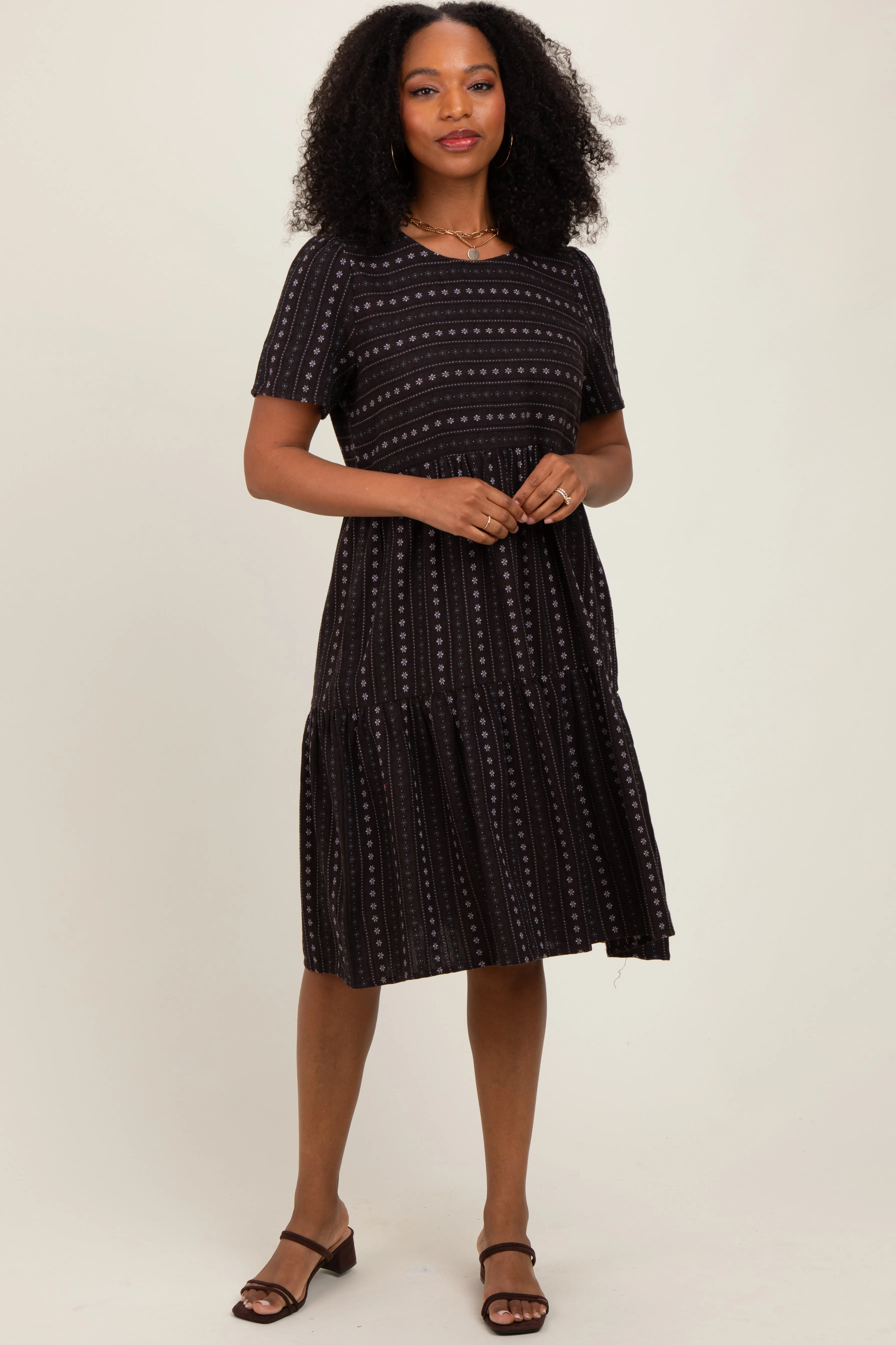 Black Floral Striped Tiered Short Sleeve Maternity Dress sold by Pinkblush product image thumbnail 4