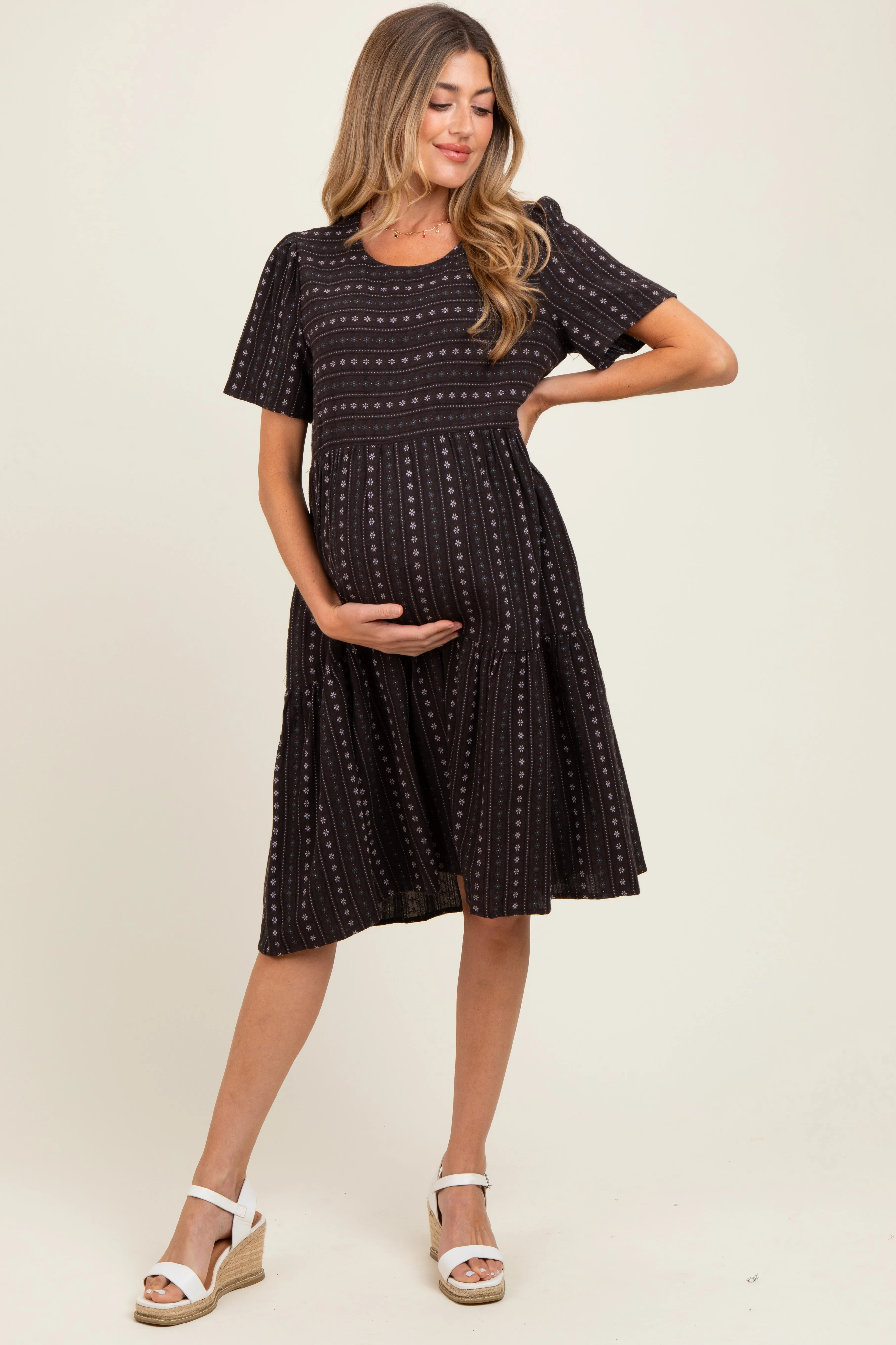 Black Floral Striped Tiered Short Sleeve Maternity Dress sold by Pinkblush