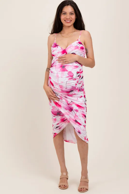 Pink Floral Ruched Tulip Hem Maternity Midi Dress sold by Pinkblush