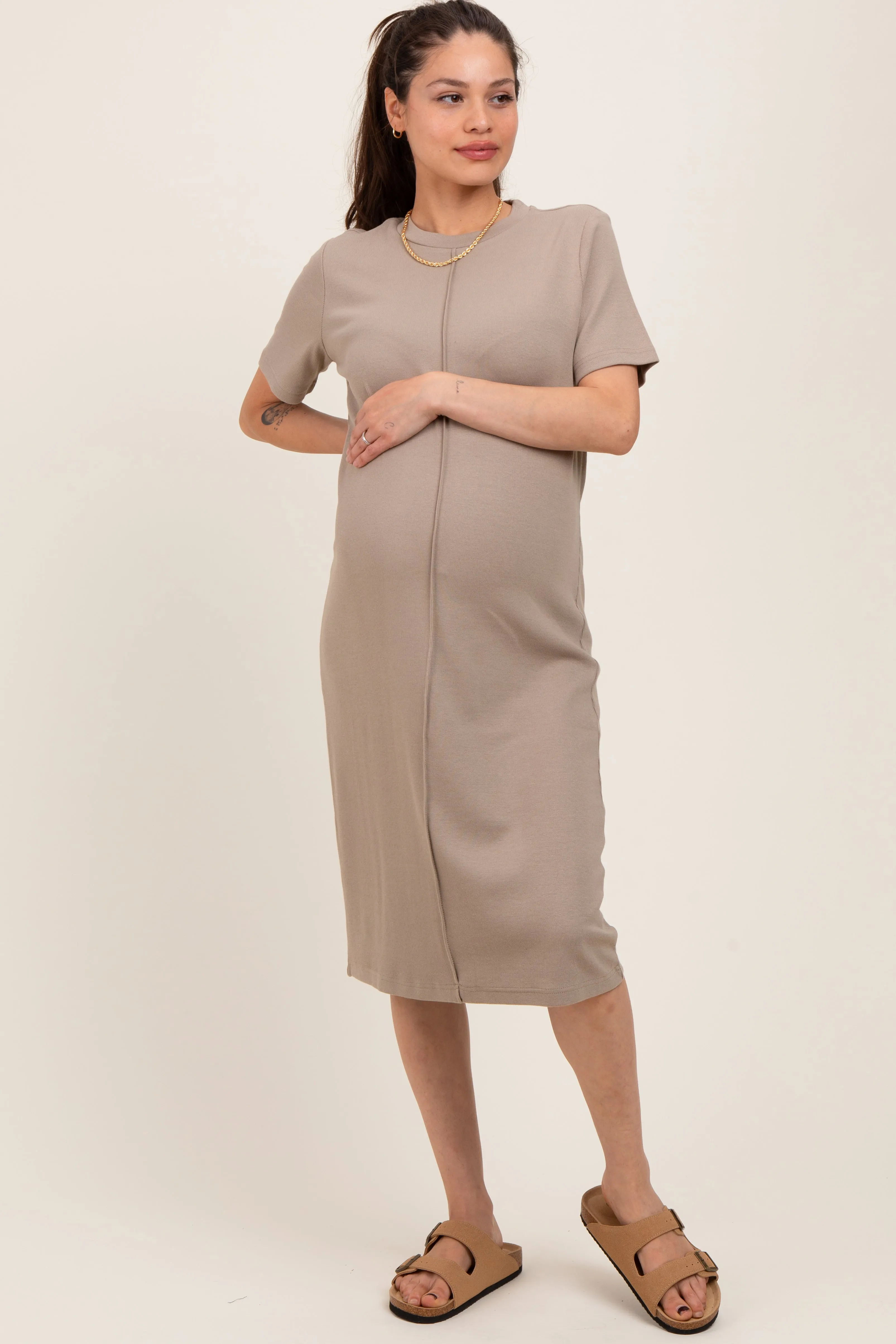 Taupe Soft Knit Short Sleeve Maternity Dress sold by Pinkblush