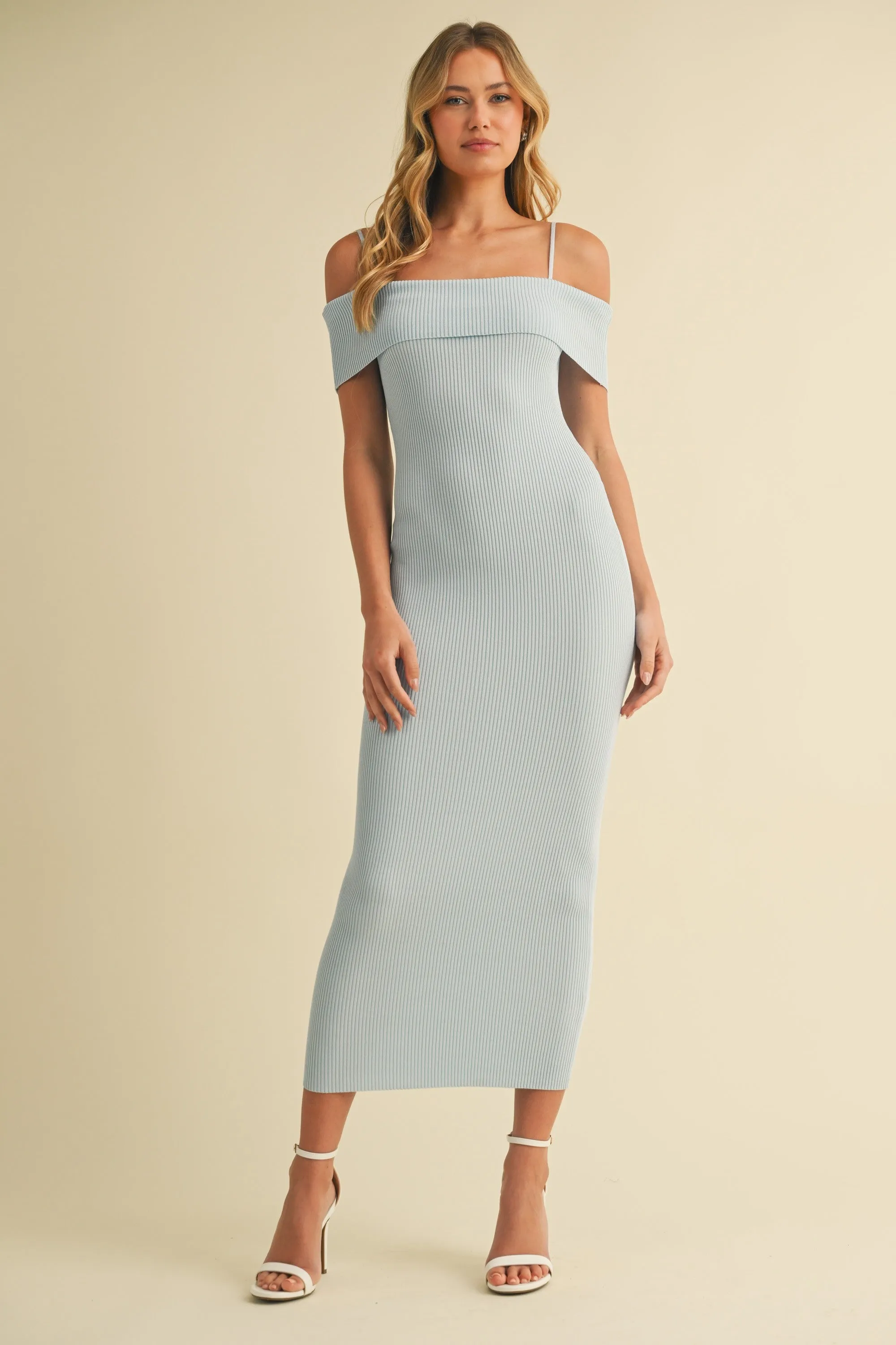 Light Blue Rib Knit Off Shoulder Fitted Midi Dress sold by Pinkblush