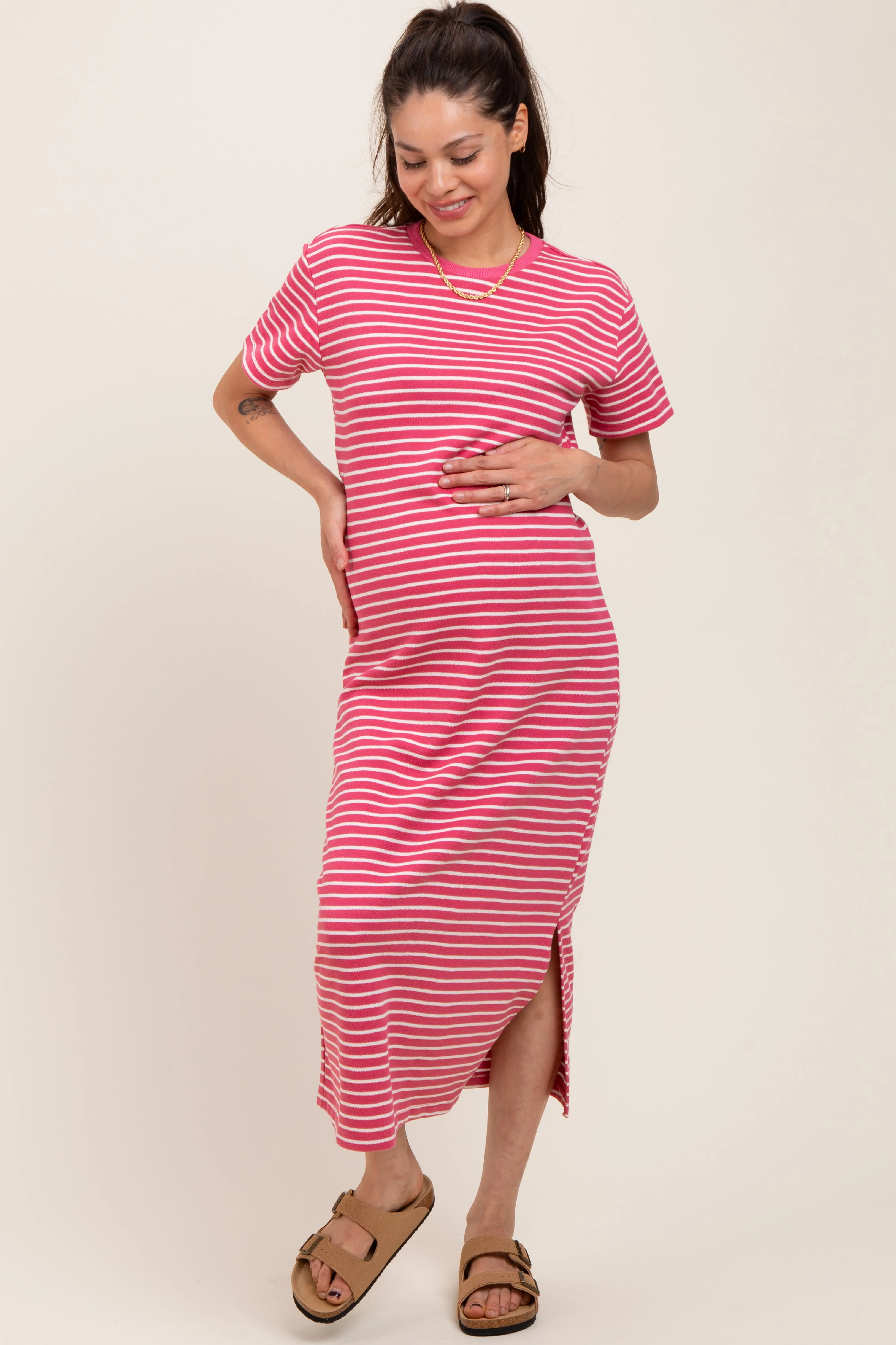 Pink Striped Short Sleeve Maternity T-Shirt Midi Dress sold by Pinkblush product image thumbnail 2