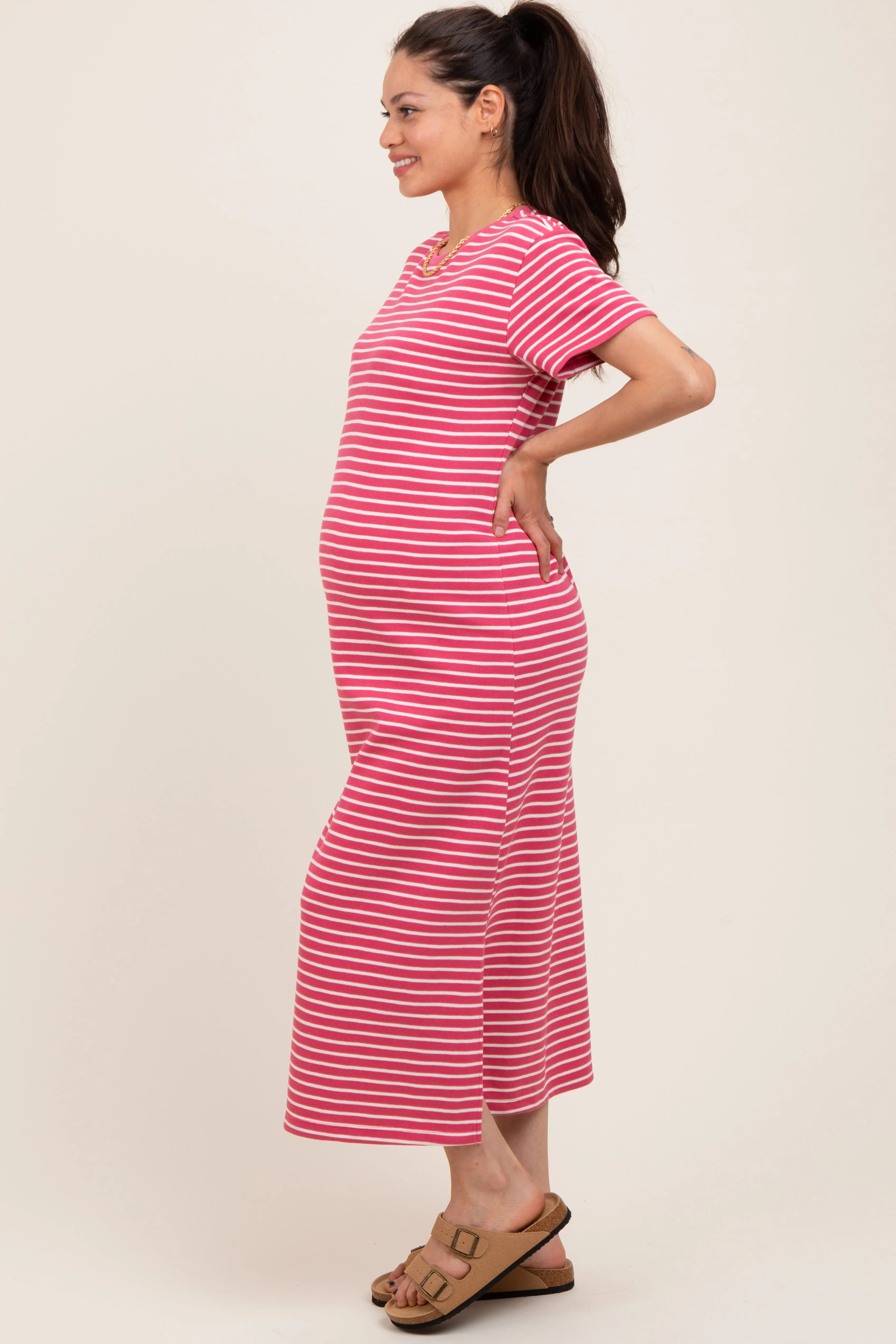 Pink Striped Short Sleeve Maternity T-Shirt Midi Dress sold by Pinkblush product image thumbnail 3
