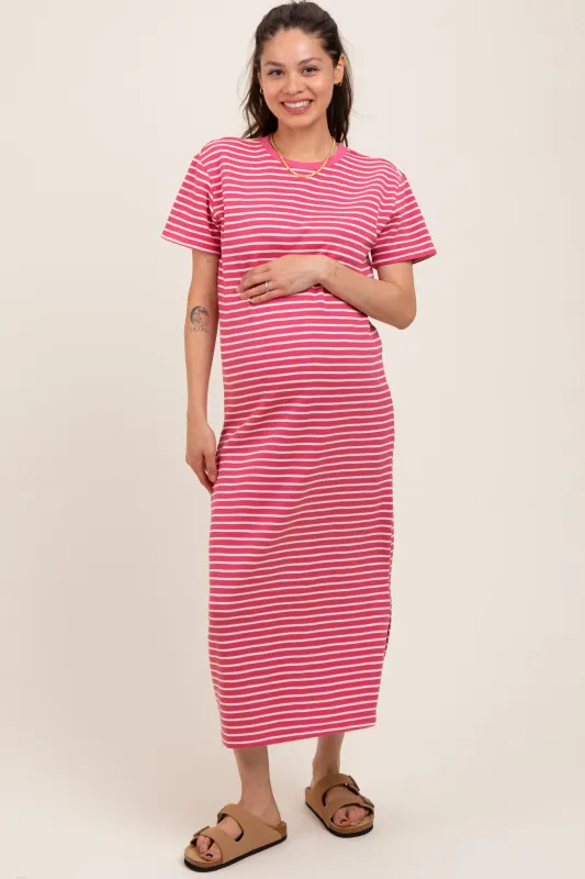 Pink Striped Short Sleeve Maternity T-Shirt Midi Dress sold by Pinkblush