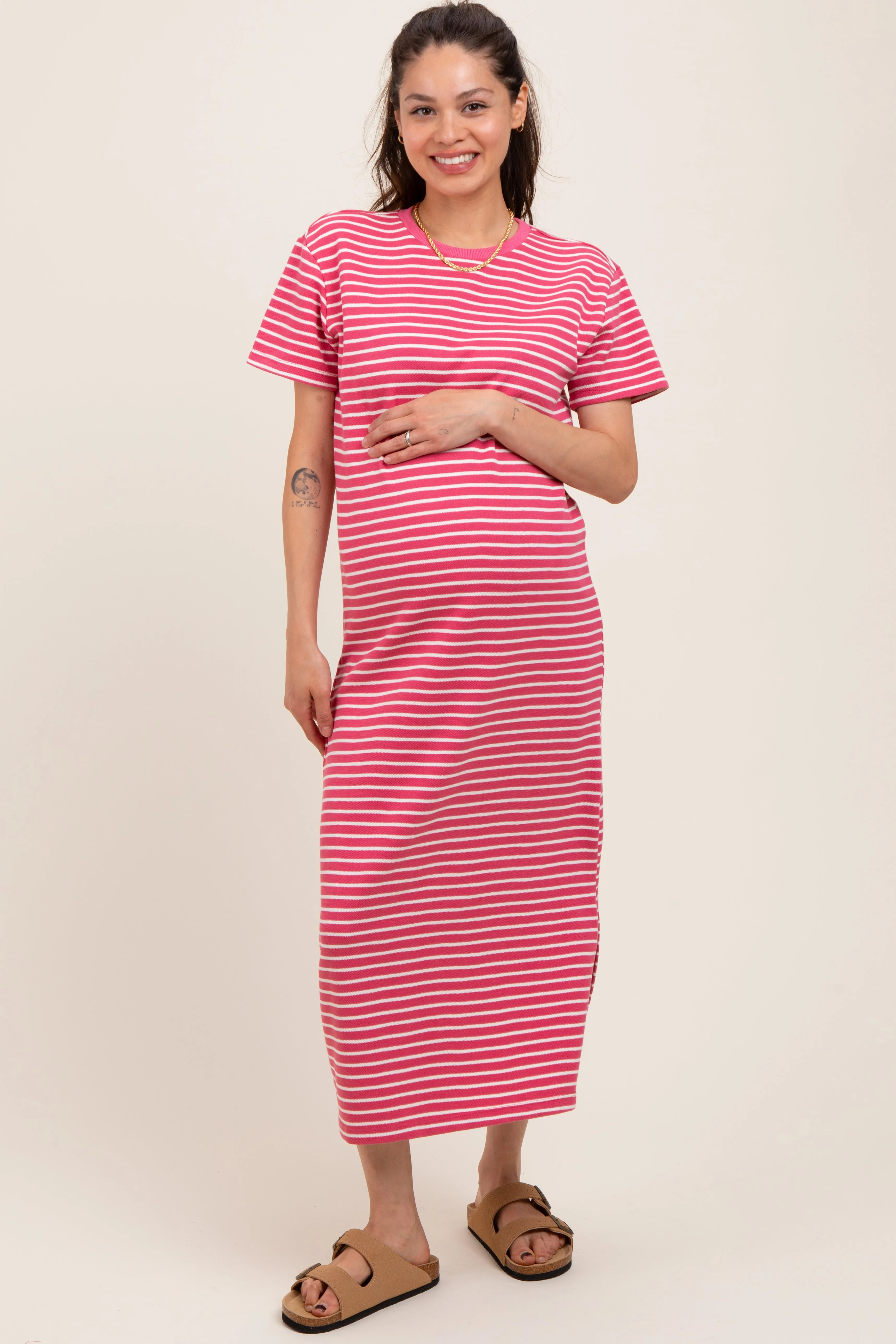 Pink Striped Short Sleeve Maternity T-Shirt Midi Dress sold by Pinkblush