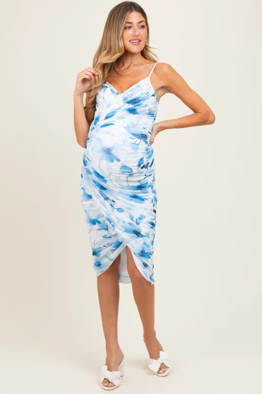 Blue Floral Ruched Tulip Hem Maternity Midi Dress sold by Pinkblush