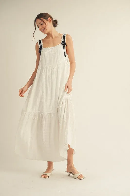 White Bow Tie Accent Tiered Maxi Dress sold by Pinkblush