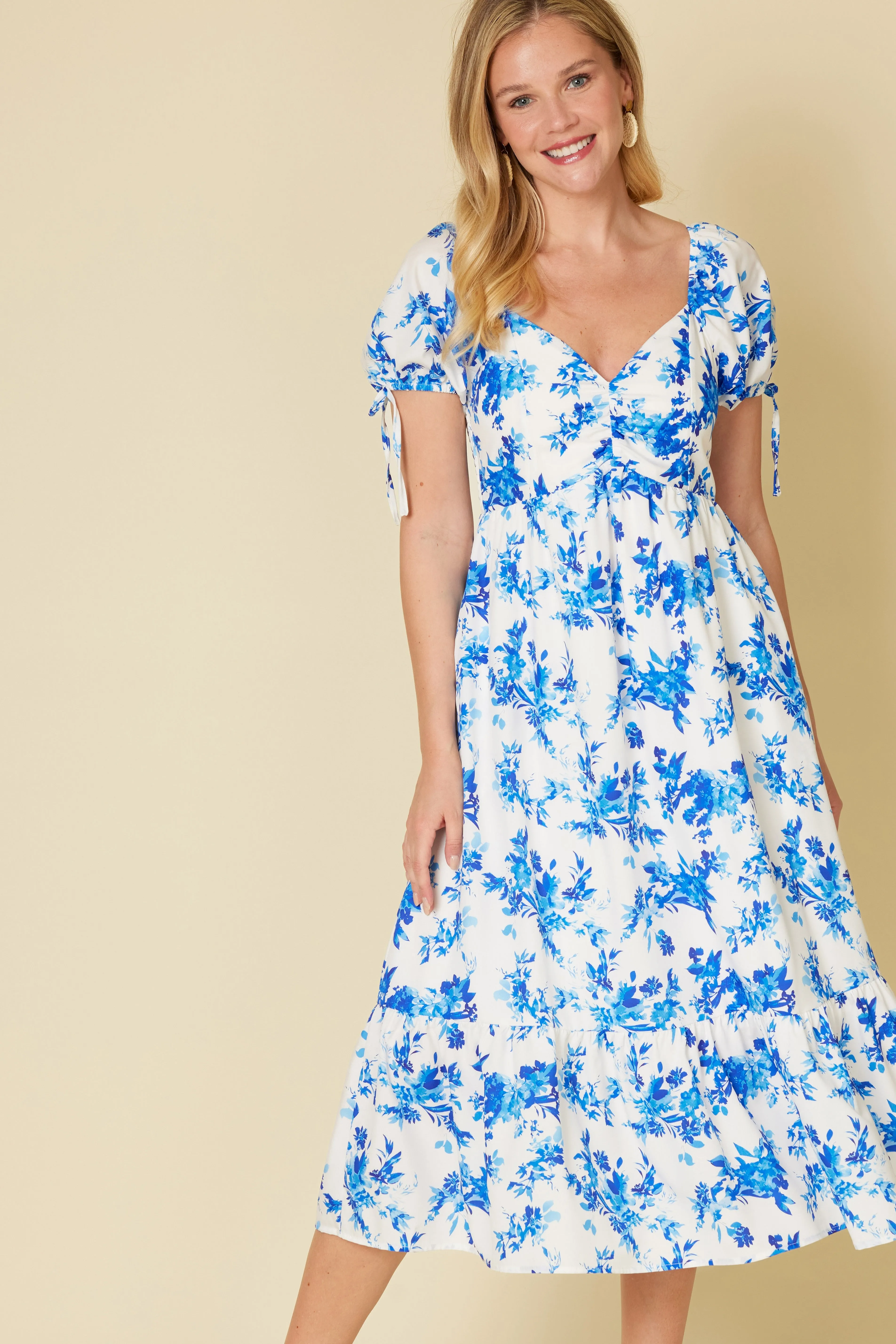Blue Floral Puff Sleeve Tie Midi Dress sold by Pinkblush