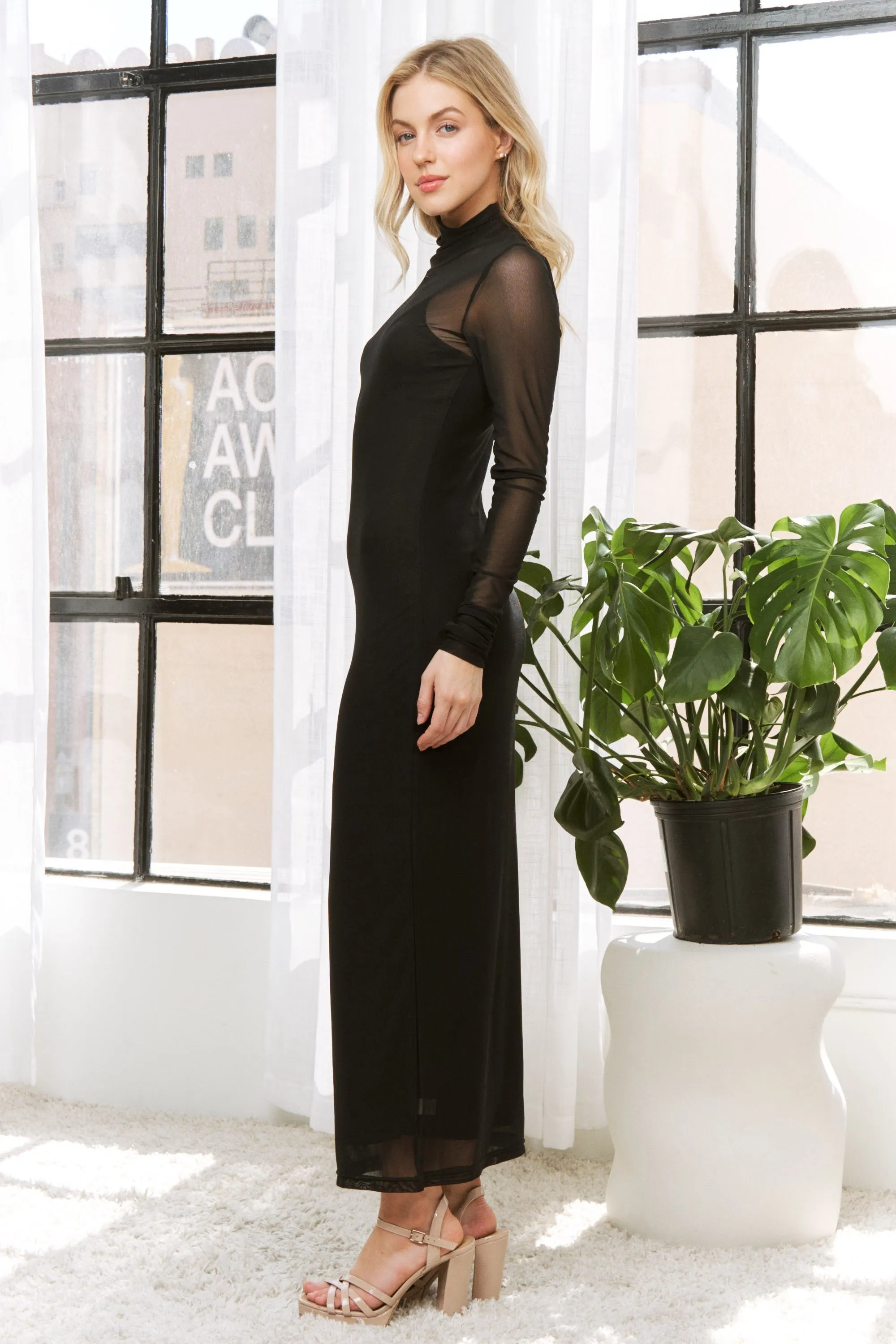 Black Mesh Overlay Long Sleeve Maxi Dress sold by Pinkblush product image thumbnail 3
