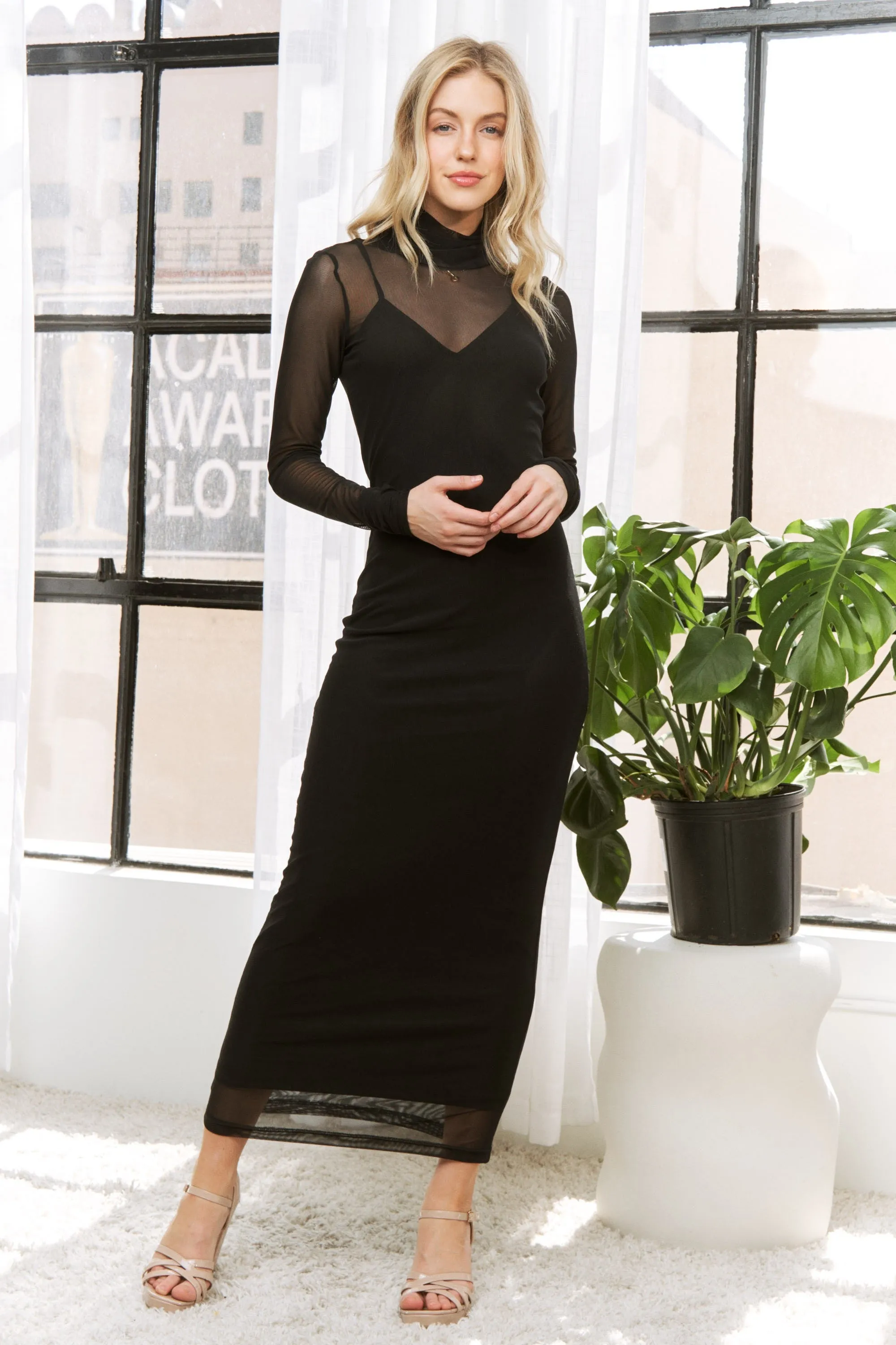 Black Mesh Overlay Long Sleeve Maxi Dress sold by Pinkblush
