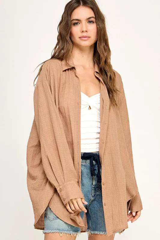 Mocha Oversized Button Down Shirt sold by Pinkblush