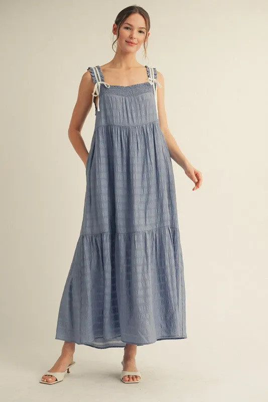 Blue Bow Tie Accent Tiered Maxi Dress sold by Pinkblush