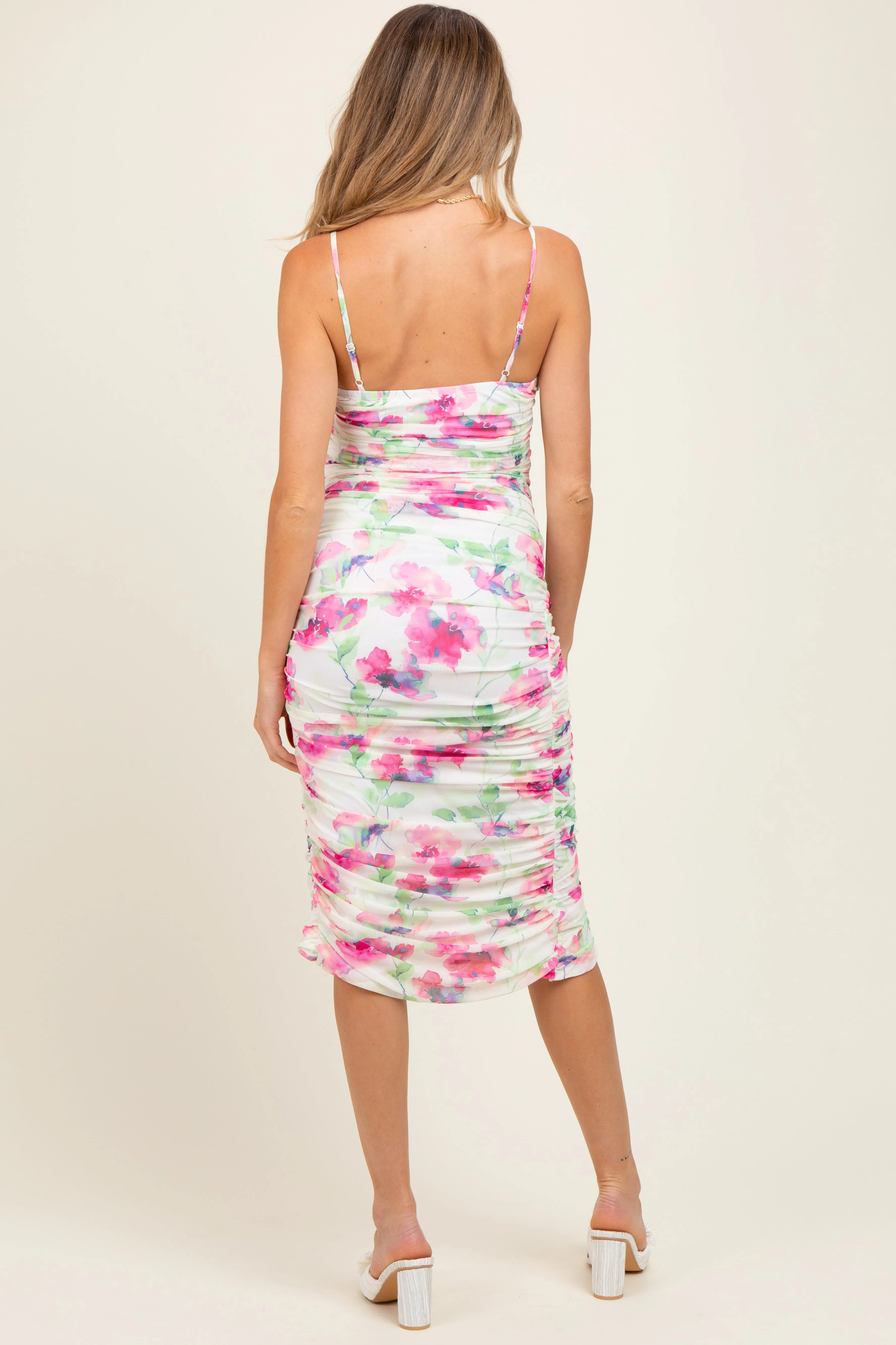 Fuchsia Floral Ruched Tulip Hem Maternity Midi Dress sold by Pinkblush product image thumbnail 4