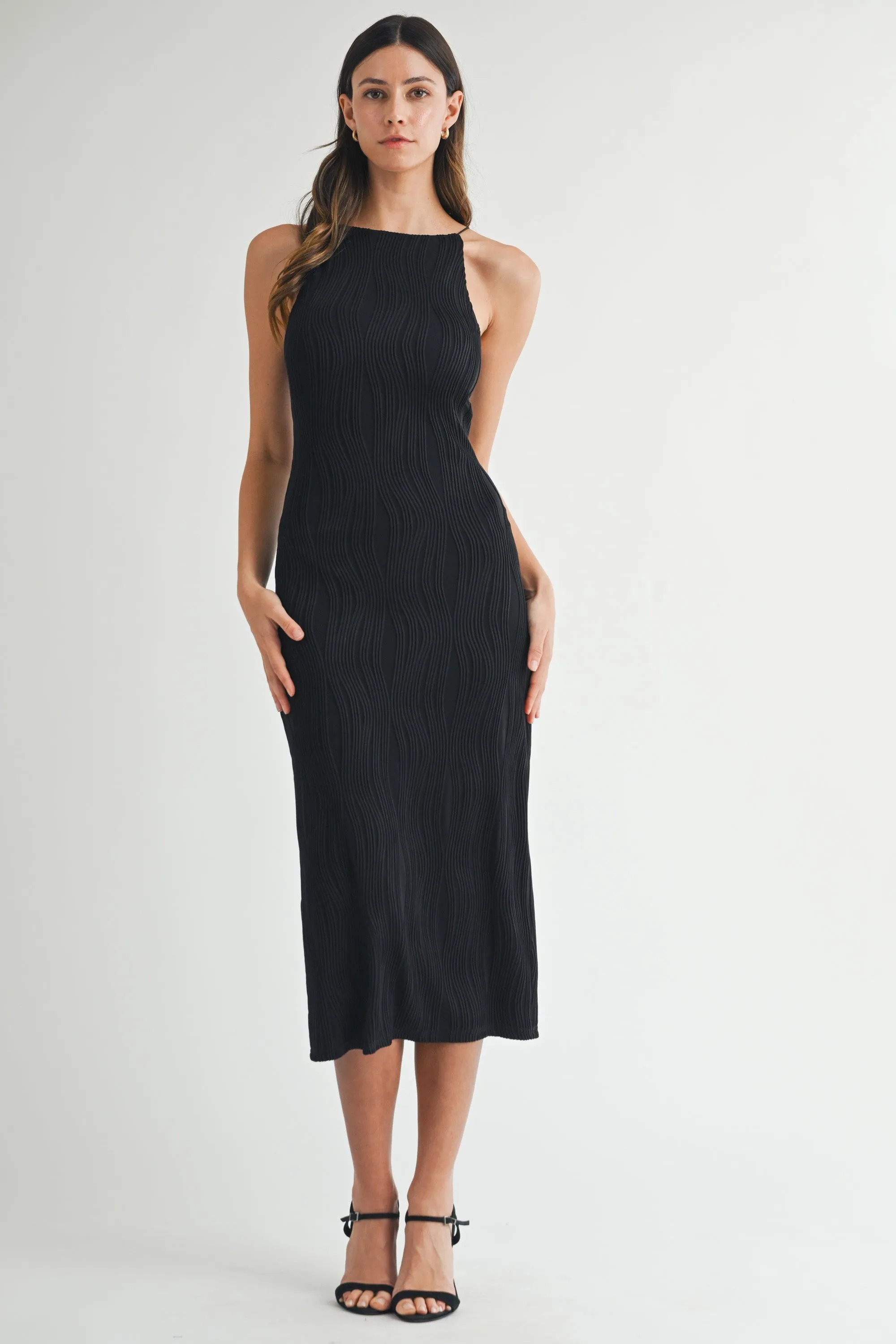Black Textured Sleeveless Fitted Midi Dress sold by Pinkblush