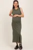 Olive Ribbed Sleeveless Side Slit Maternity Midi Dress sold by Pinkblush