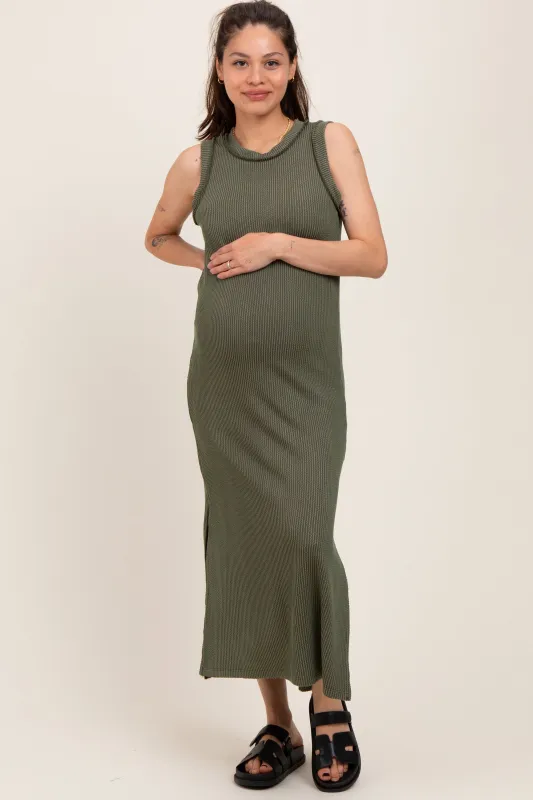 Olive Ribbed Sleeveless Side Slit Maternity Midi Dress sold by Pinkblush