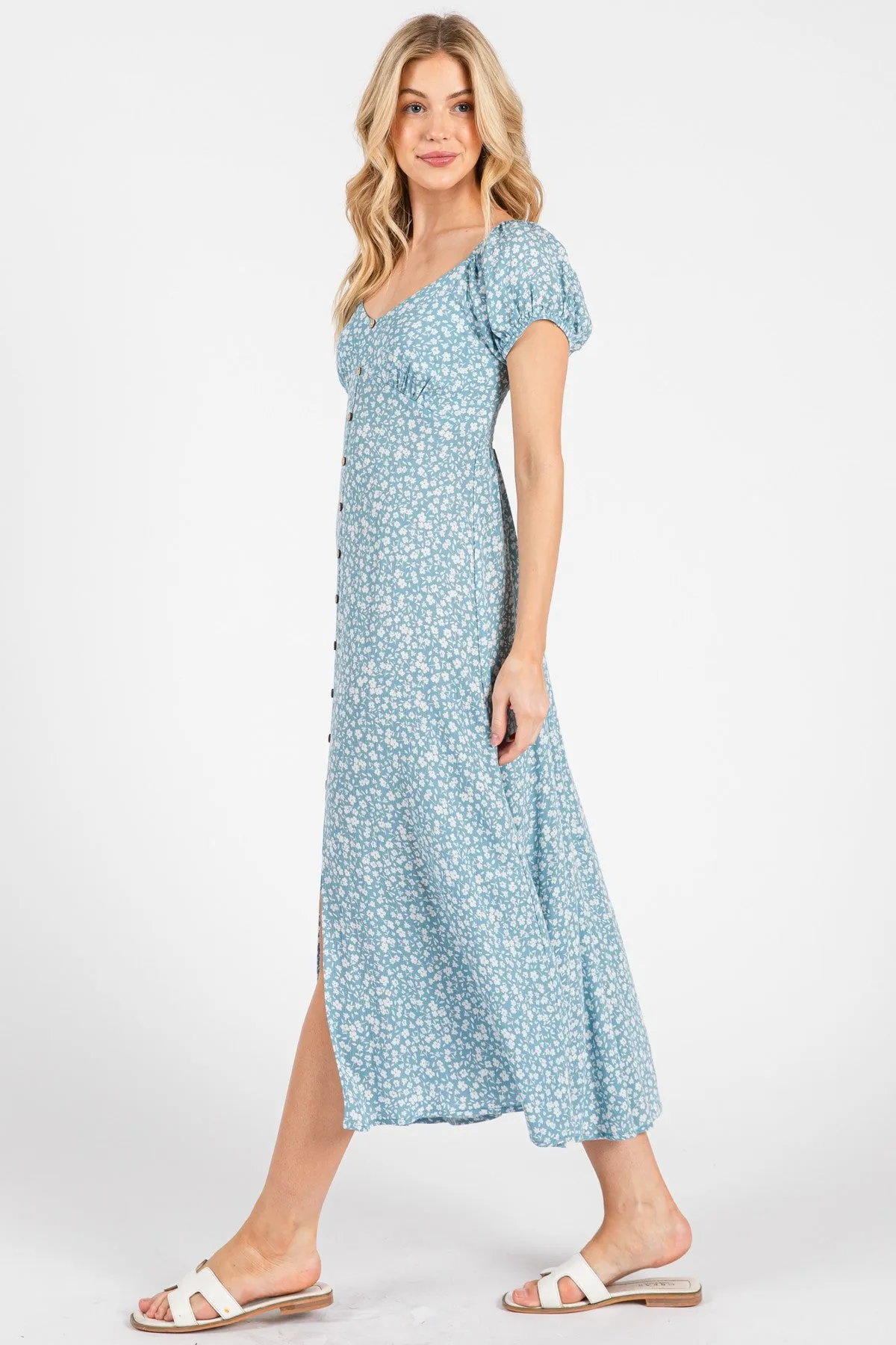 Light Blue Floral V-Neck Button Down Midi Dress sold by Pinkblush product image thumbnail 3