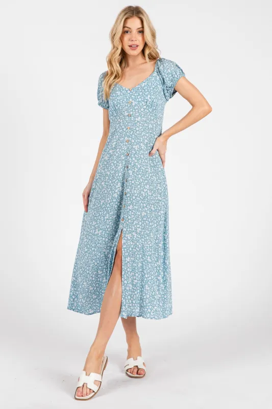 Light Blue Floral V-Neck Button Down Midi Dress sold by Pinkblush