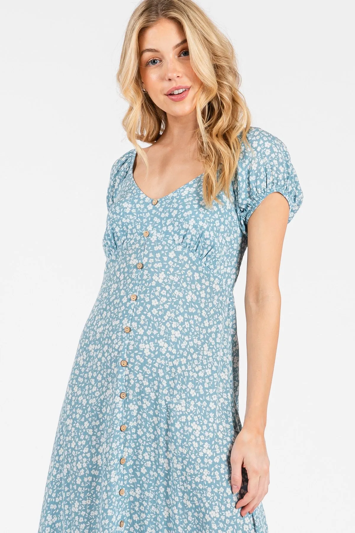 Light Blue Floral V-Neck Button Down Midi Dress sold by Pinkblush product image thumbnail 5